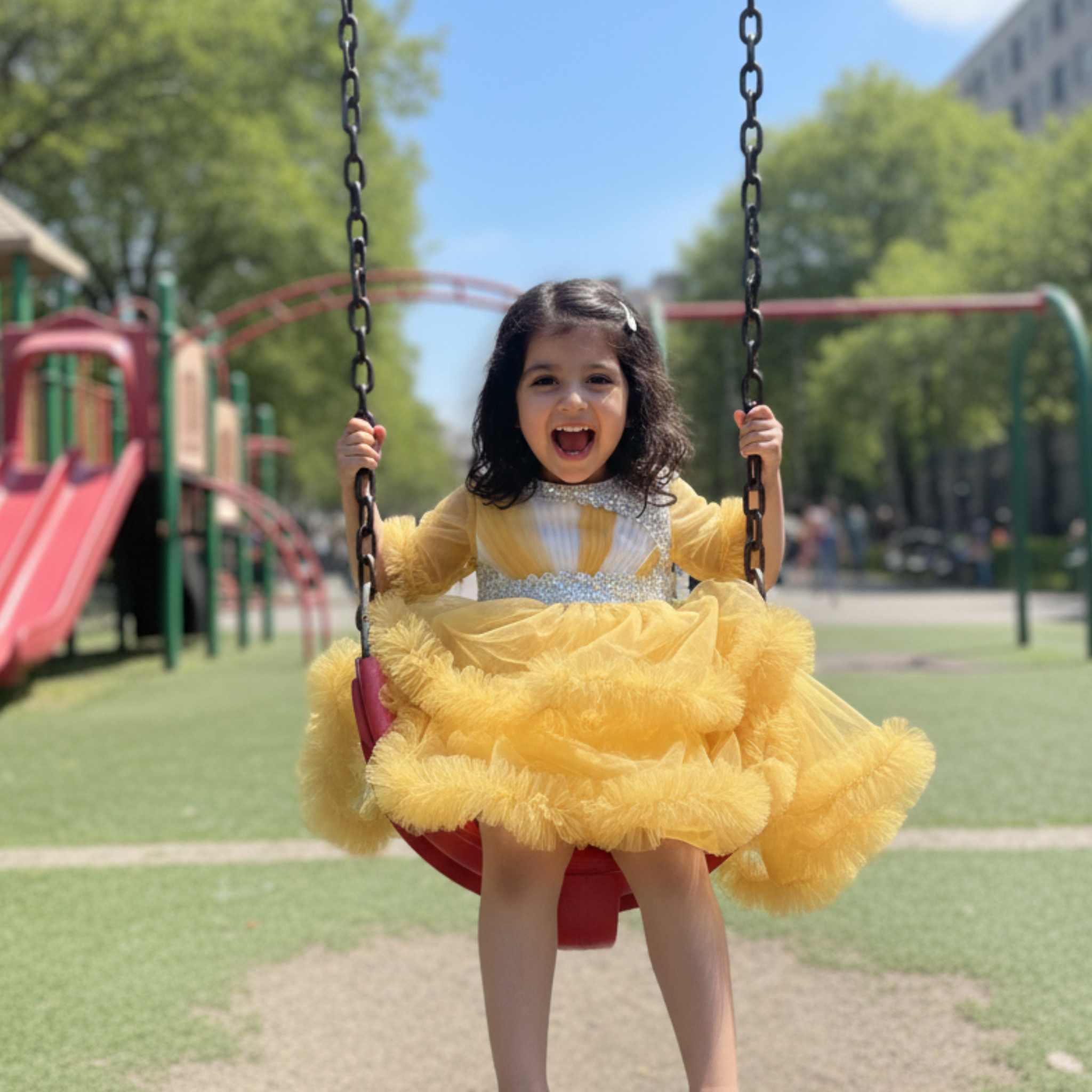Sunny Yellow Party Frock for Girls â Elegant Birthday Dress with Tulle Ruffles & Sequin Detailing