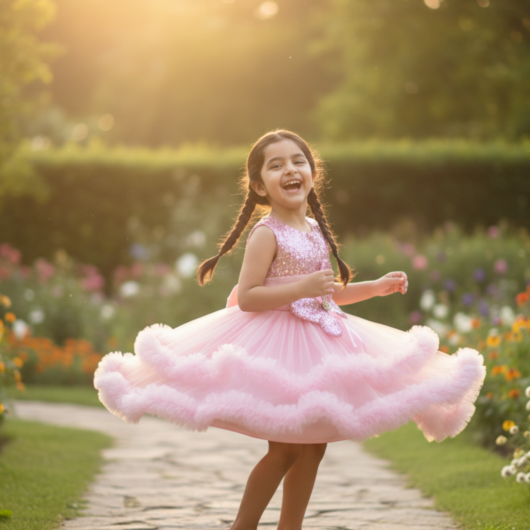 Pink Princess Party Frock for Girls â Sparkling Tulle Dress with Flower AppliquÃ© & Feather Trim