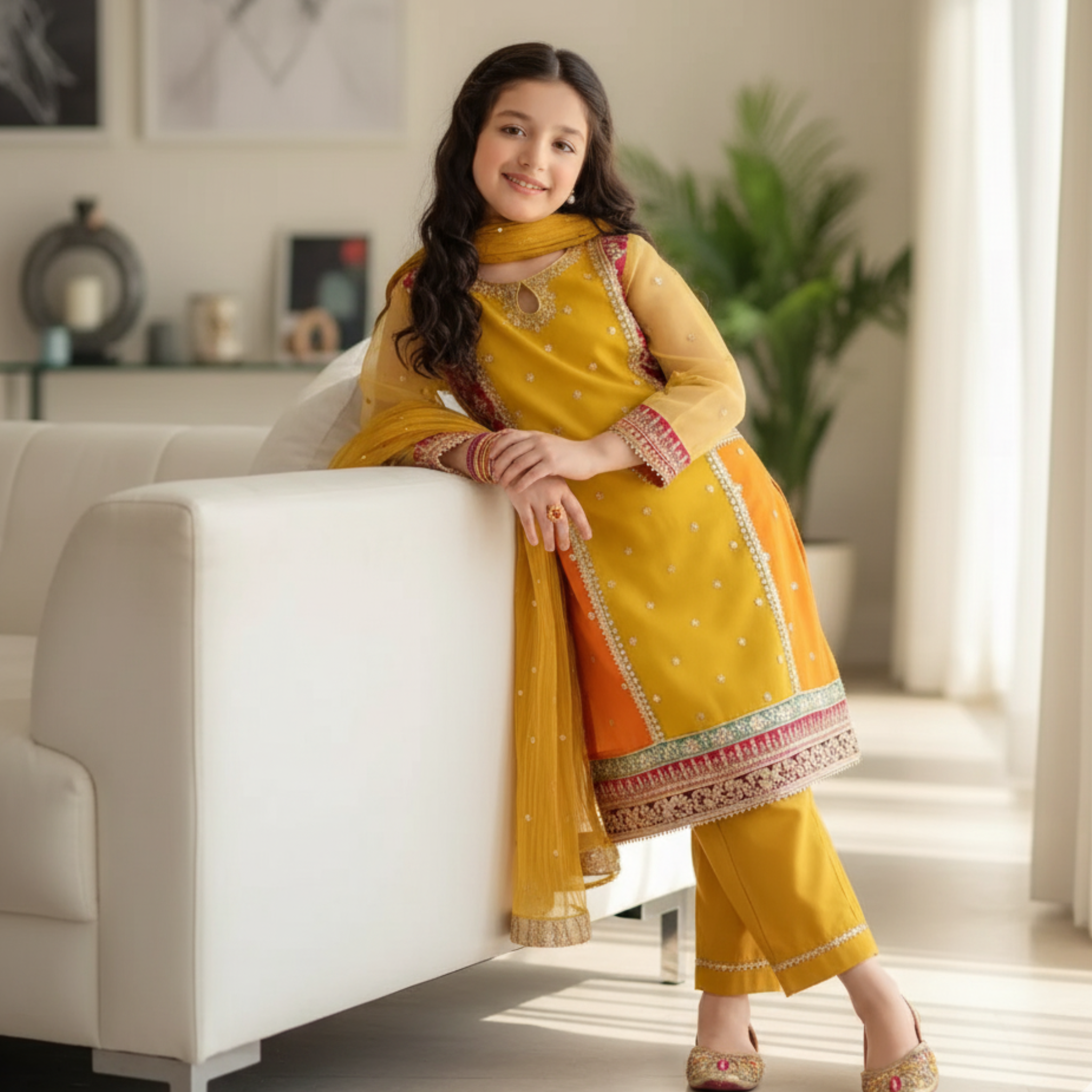 Embroidered Kids Shalwar Kameez â Elegant Yellow & Orange Traditional Outfit with Floral Detailing