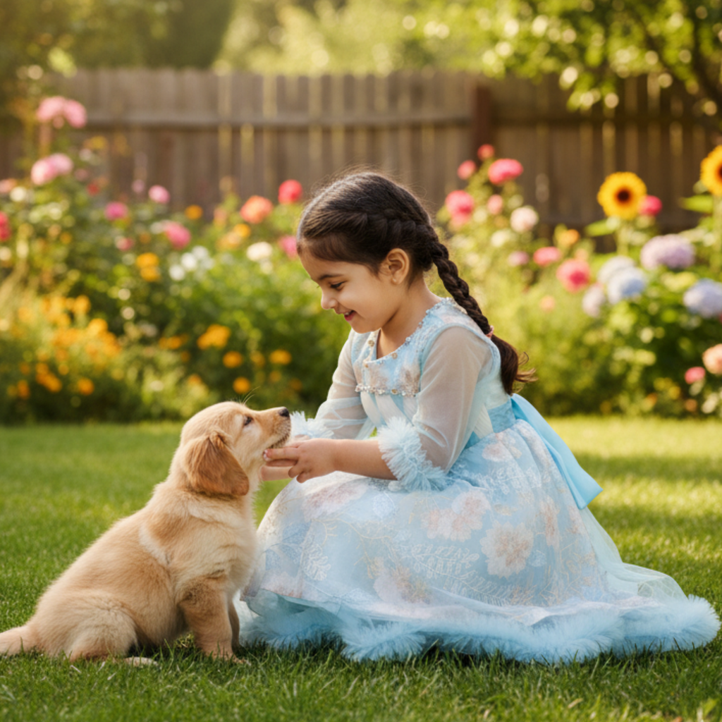 Boutique Blue Party Frock for Girls â Elegant Floral Dress with Tulle Layers & Feather Trim