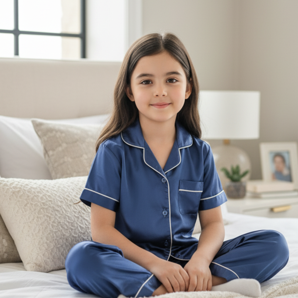 Satin Pajama Set for Girls â Elegant & Comfortable Sleepwear with Buttoned Top and Elastic Waist Pants
