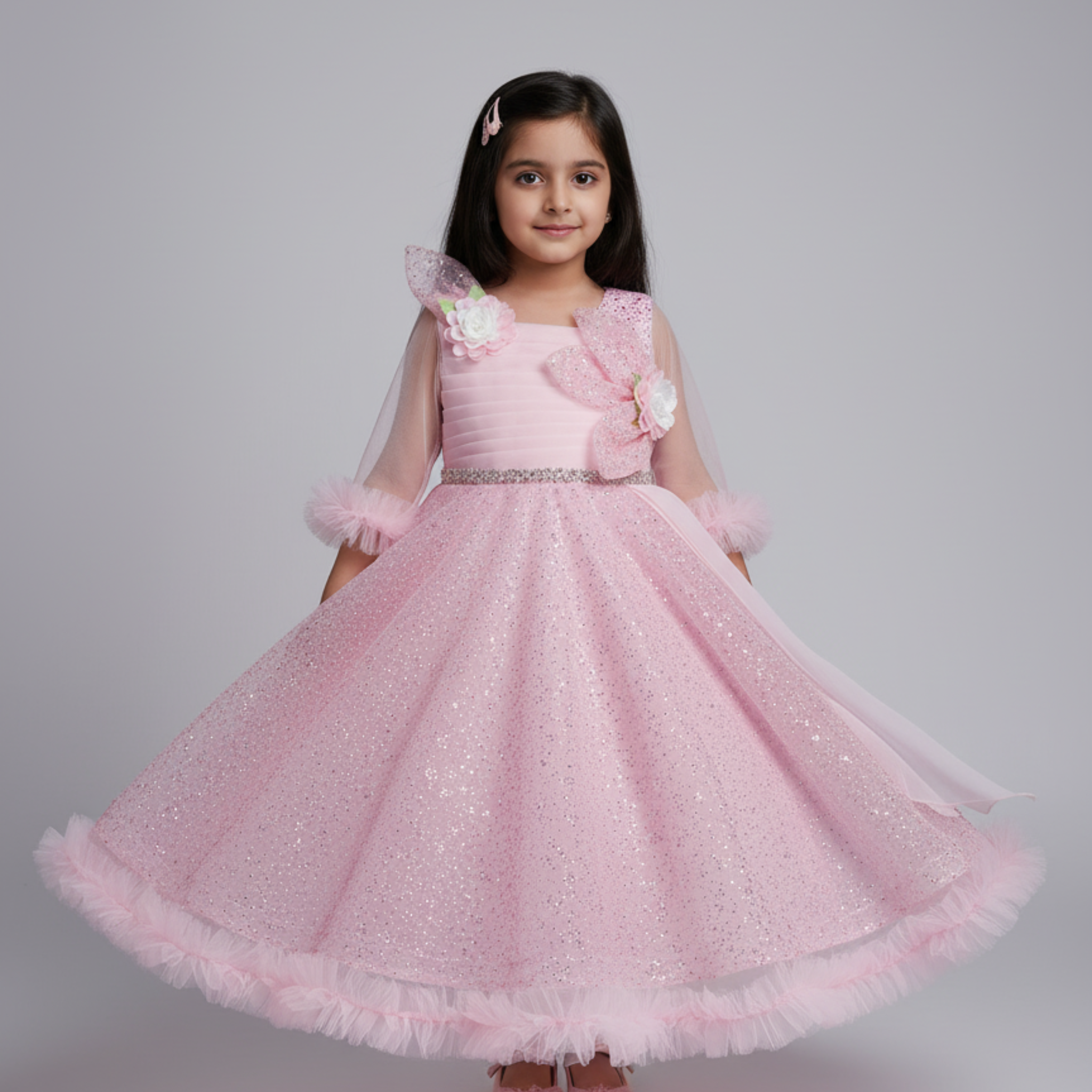 Pink Princess Frock for Girls â Sparkling Party Dress with Floral Embellishments & Feather Trim