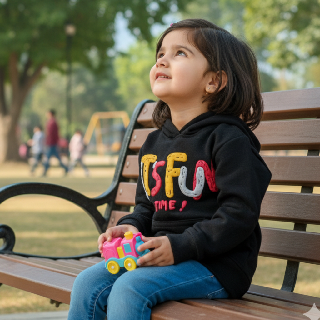 "It's Fun Time" Sweatshirt Frock for Girls â Cozy & Colorful Hoodie Dress with Bold Graphic Print