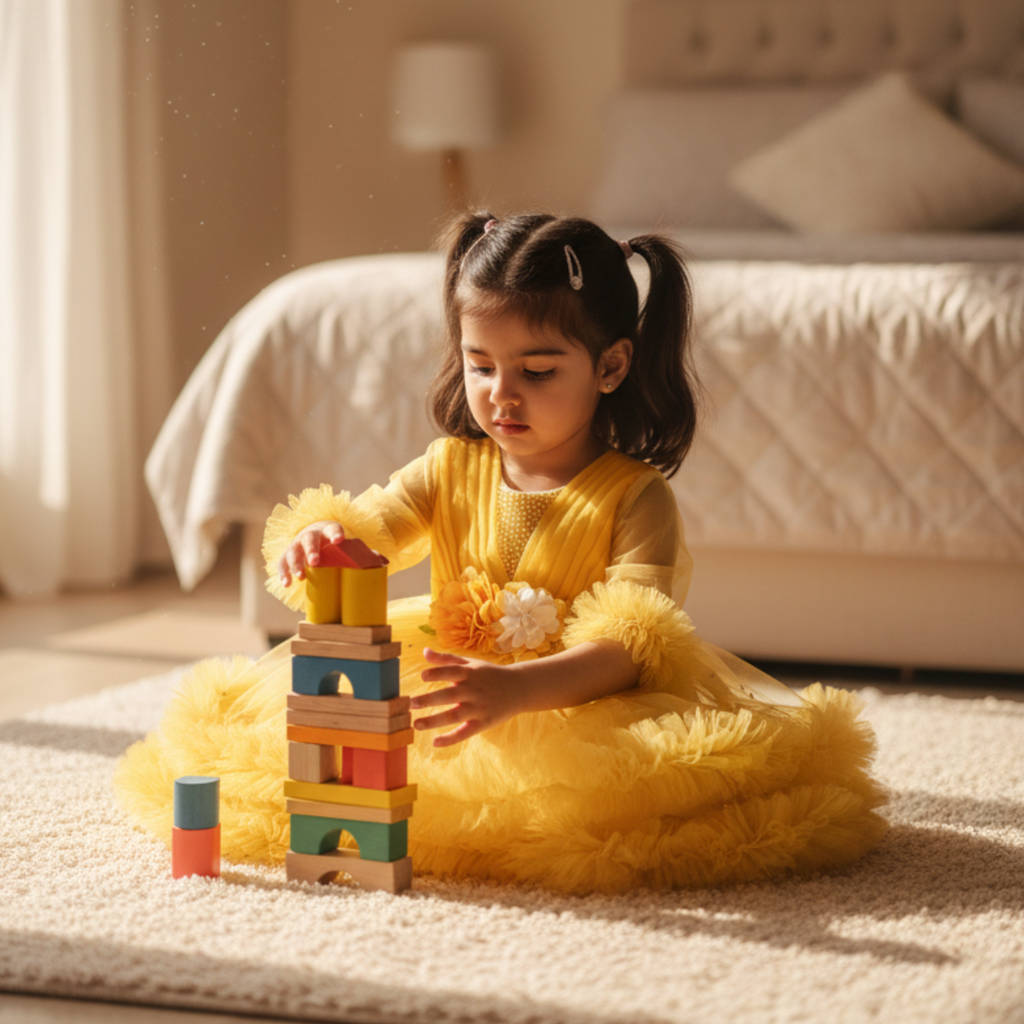 Yellow Sunshine Boutique Frock for Girls â Twirling Party Dress with Flower Embellishments & Ruffled Tulle