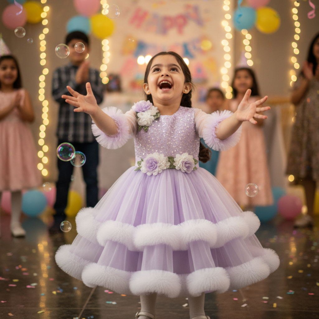 Lavender Princess Frock for Girls â Sparkling Birthday Dress with Floral AppliquÃ© & Feather Trim