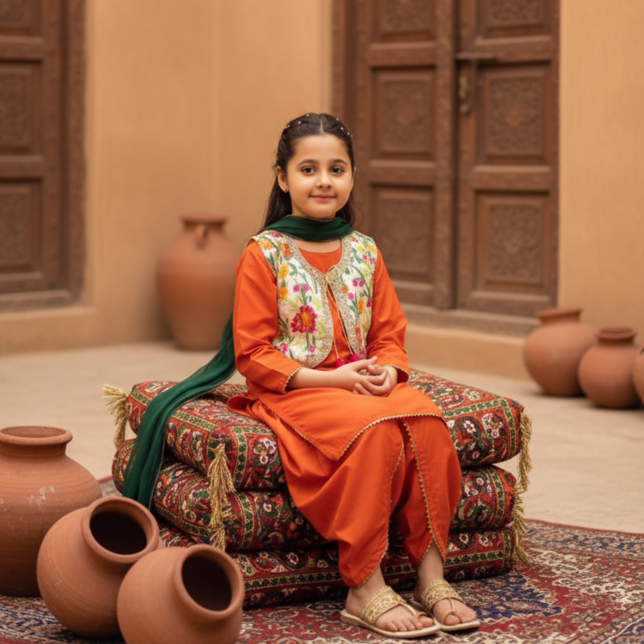 Embroidered Kids Shalwar Kameez Set â Elegant Orange Outfit with Floral Vest and Matching Scarf