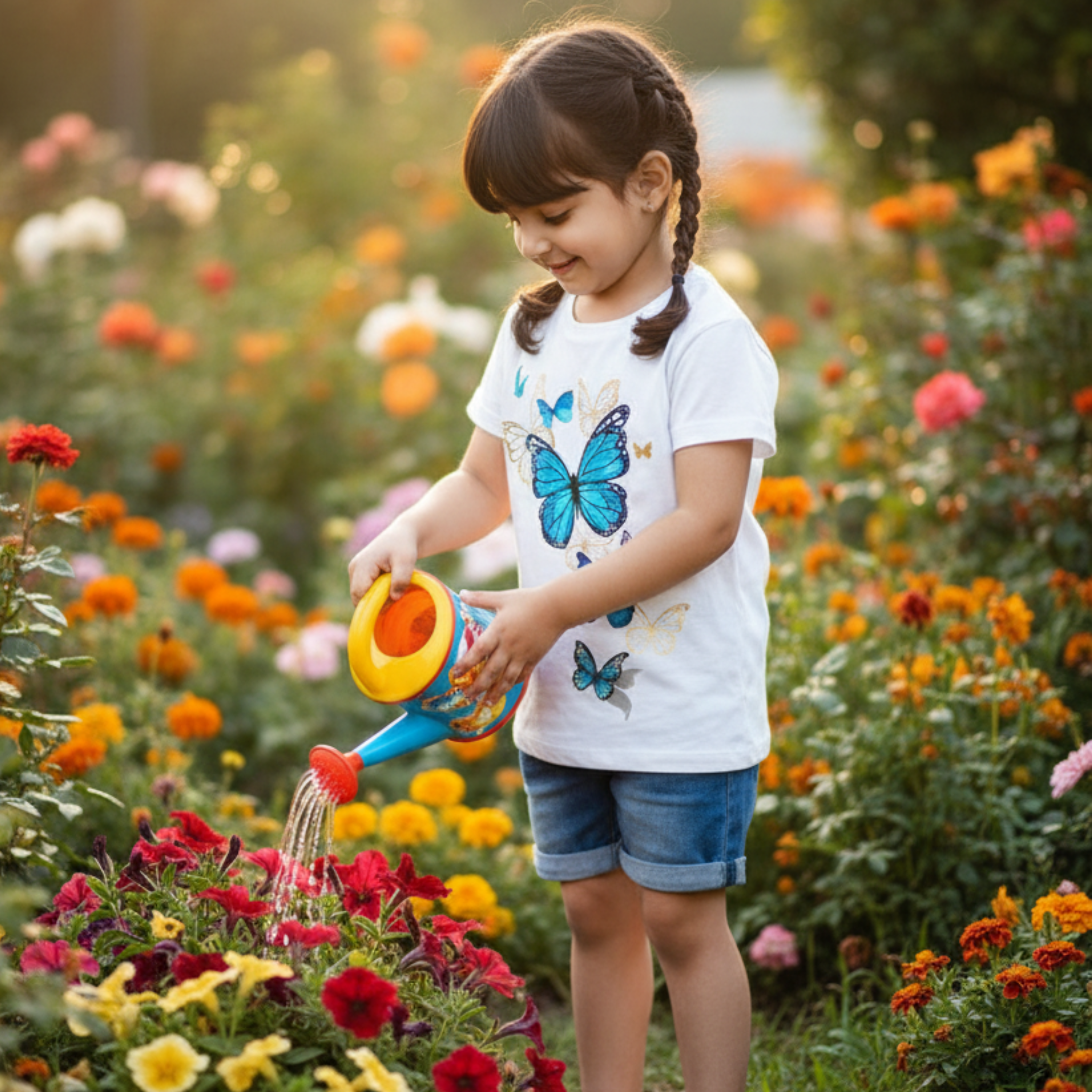 Butterfly Print T-shirt Frock for Girls â Casual Summer Dress with Denim Shorts & Fun Design