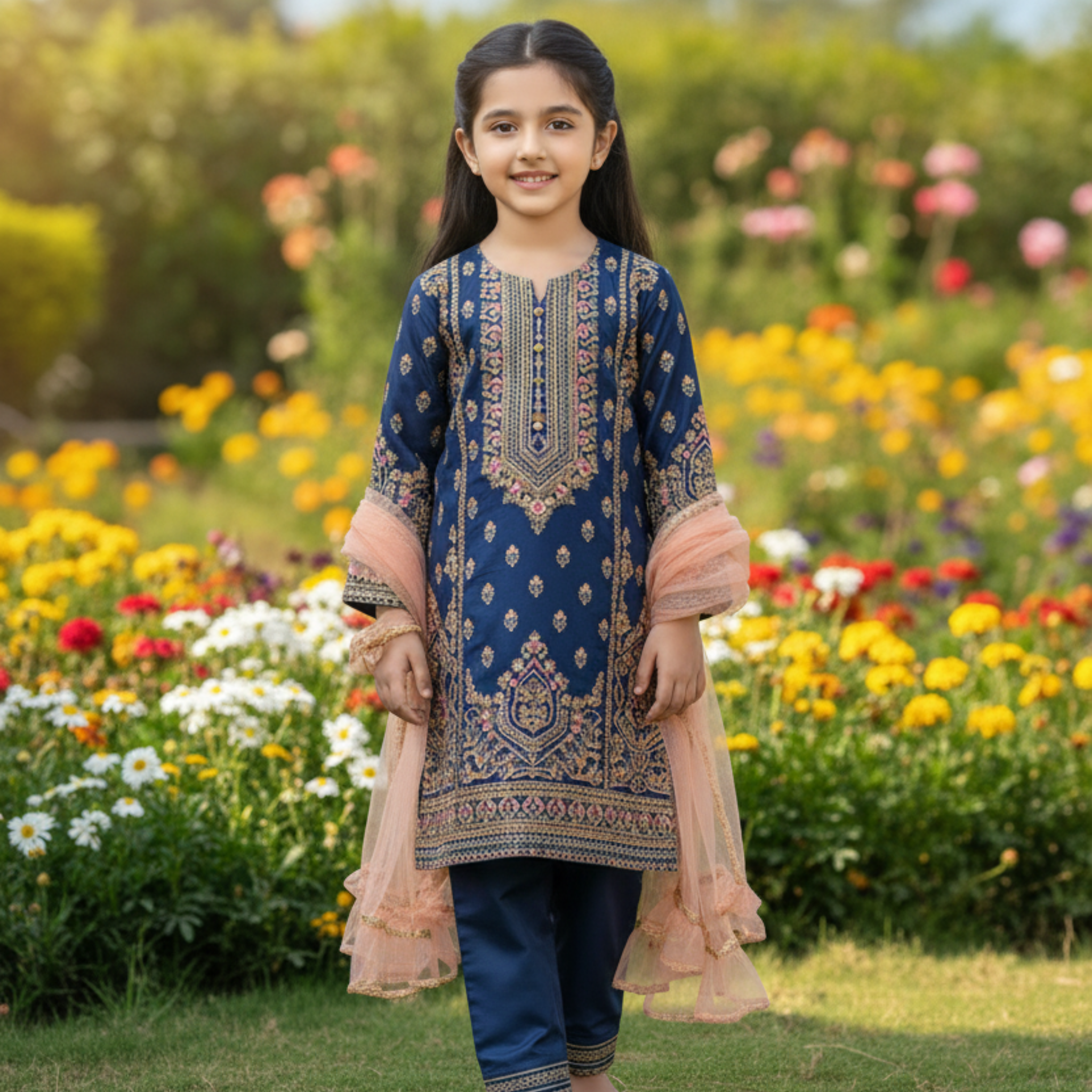 Embroidered Kids Kurta with Churidar and Scarf â Elegant Navy Blue Traditional Outfit for Girls  Key Features / Highlights