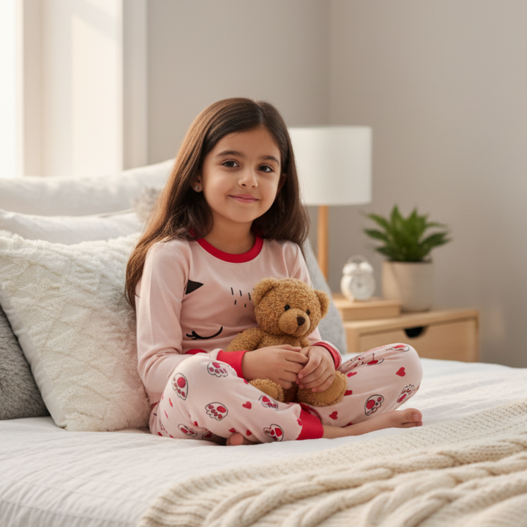 Cat Face Graphic Pajama Set for Girls â Cozy & Cute Sleepwear with Paw Print Design