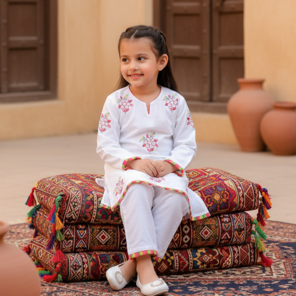 Embroidered Kids Kurta with Churidar - Elegant White Traditional Outfit for Girls