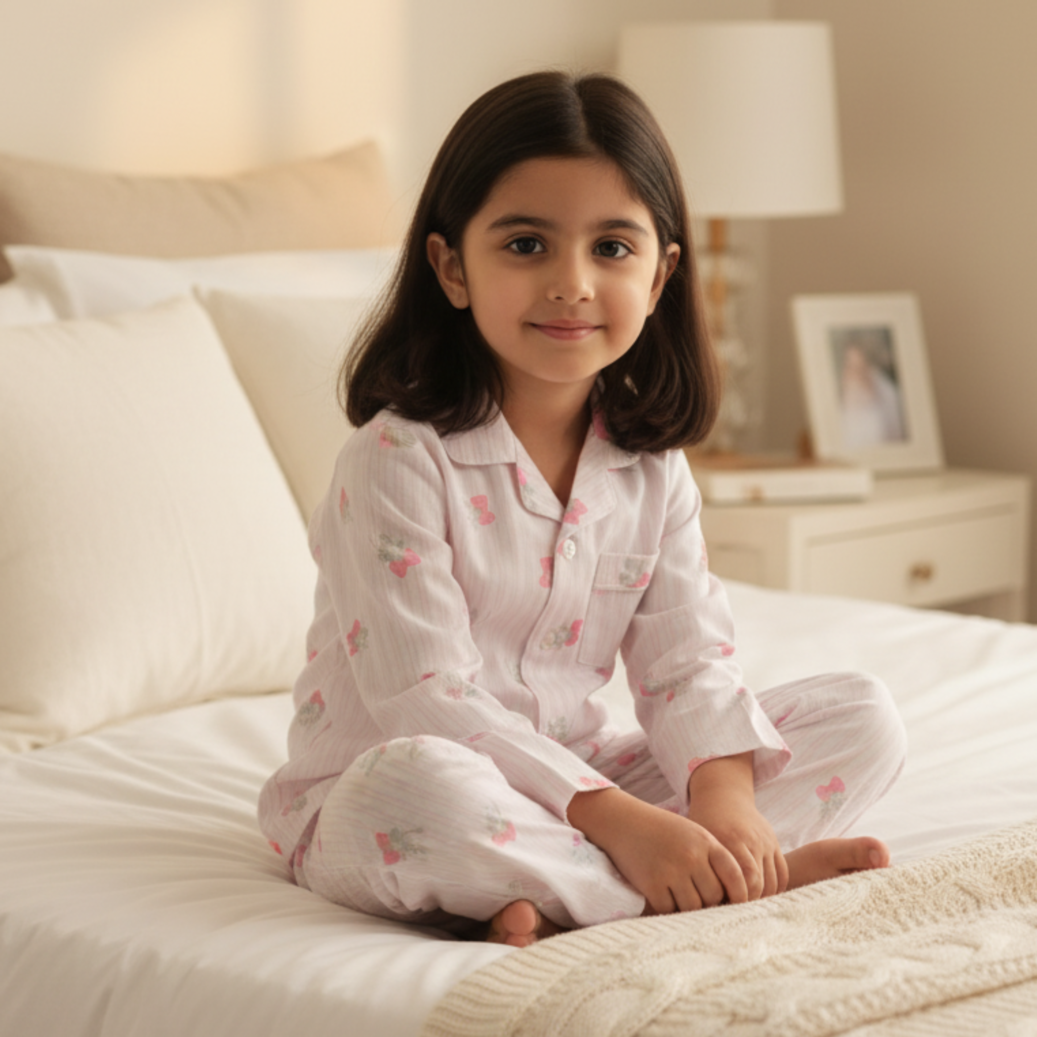 Cute Pink Floral Pajama Set for Girls â Soft & Comfortable Sleepwear with Buttoned Top and Elastic Waist Pants