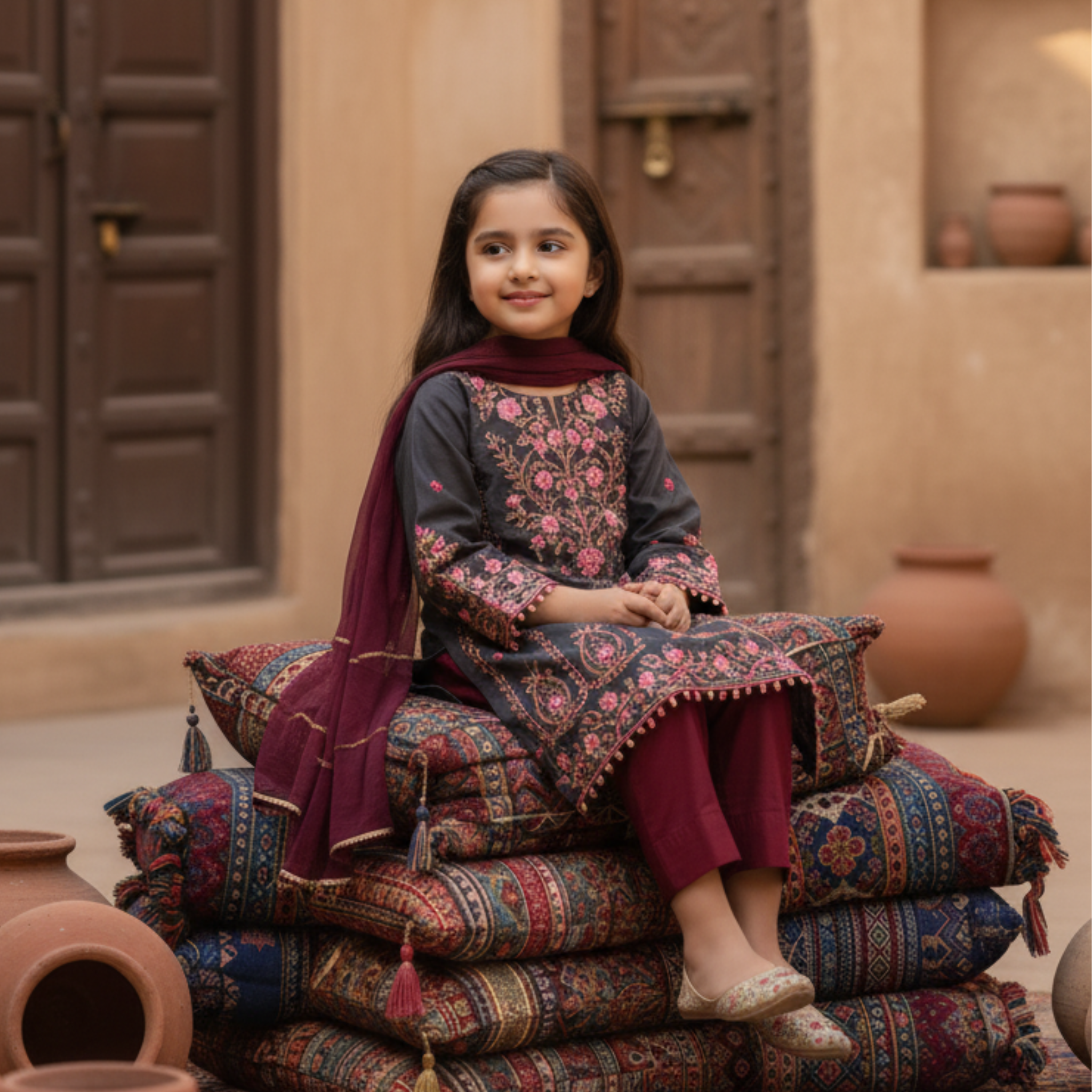 Embroidered Kids Shalwar Kameez Set â Elegant Black & Red Traditional Outfit with Floral Detailing