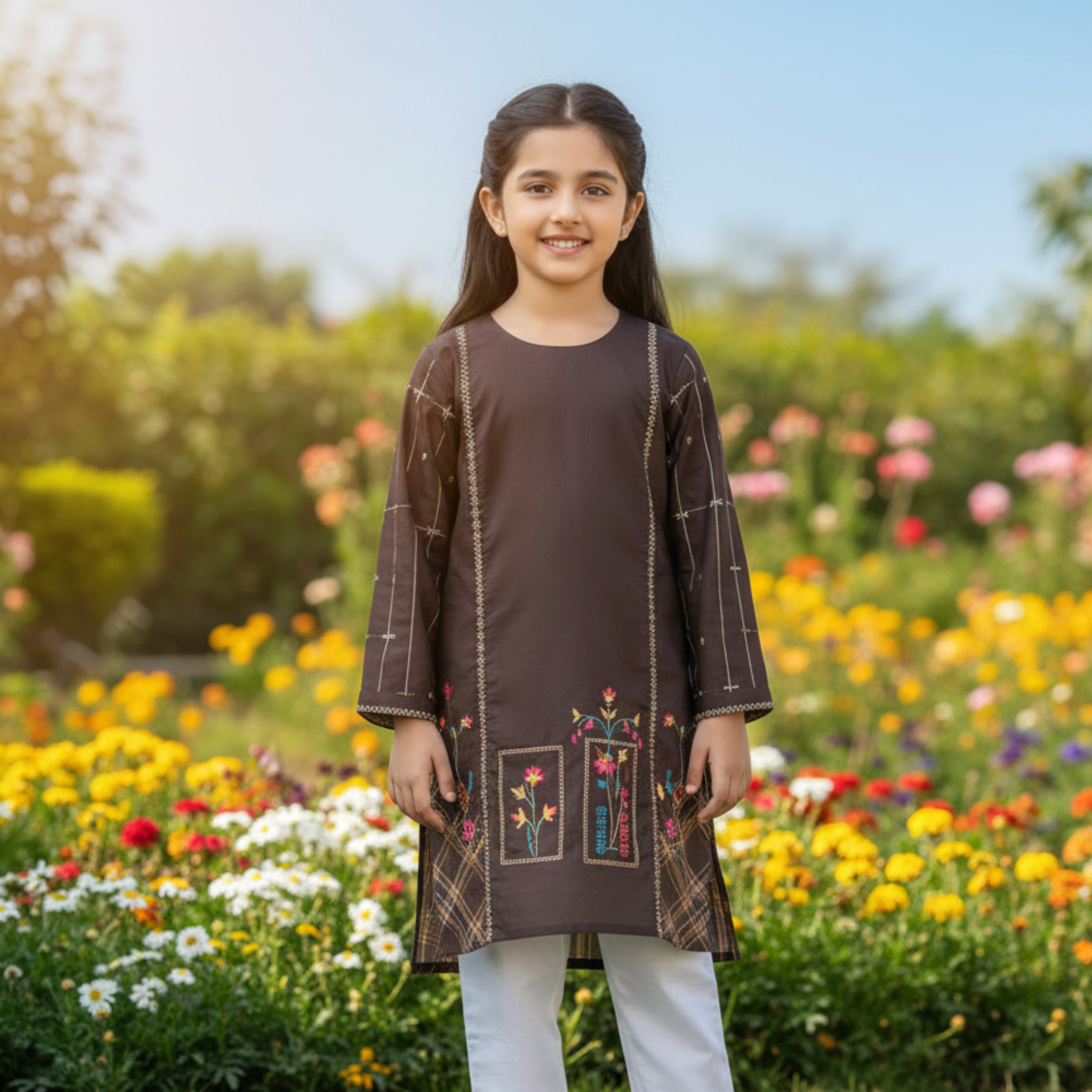 Embroidered Kids Shalwar Kameez â Elegant Burgundy Outfit with Floral Detailing & White Pants