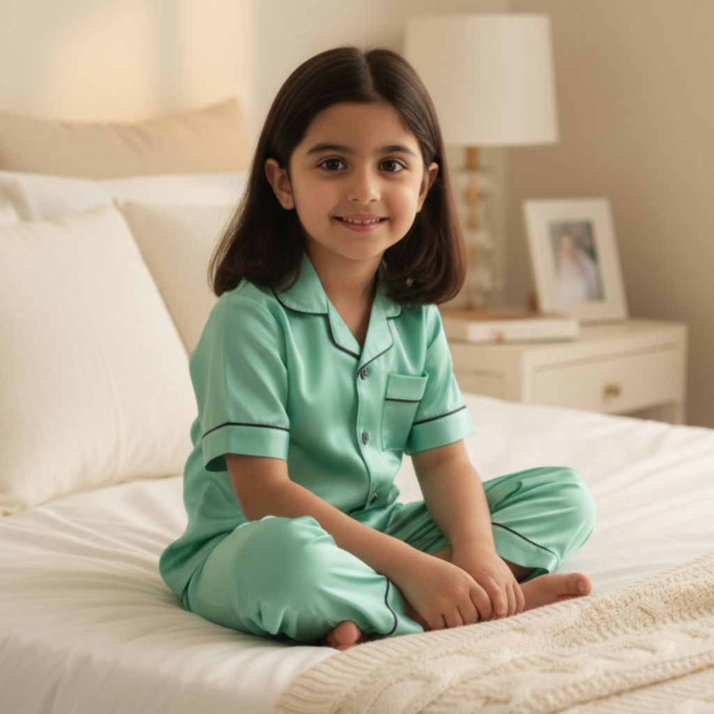 Mint Green Satin Pajama Set for Girls â Soft & Stylish Sleepwear with Buttoned Top & Elastic Waist Shorts