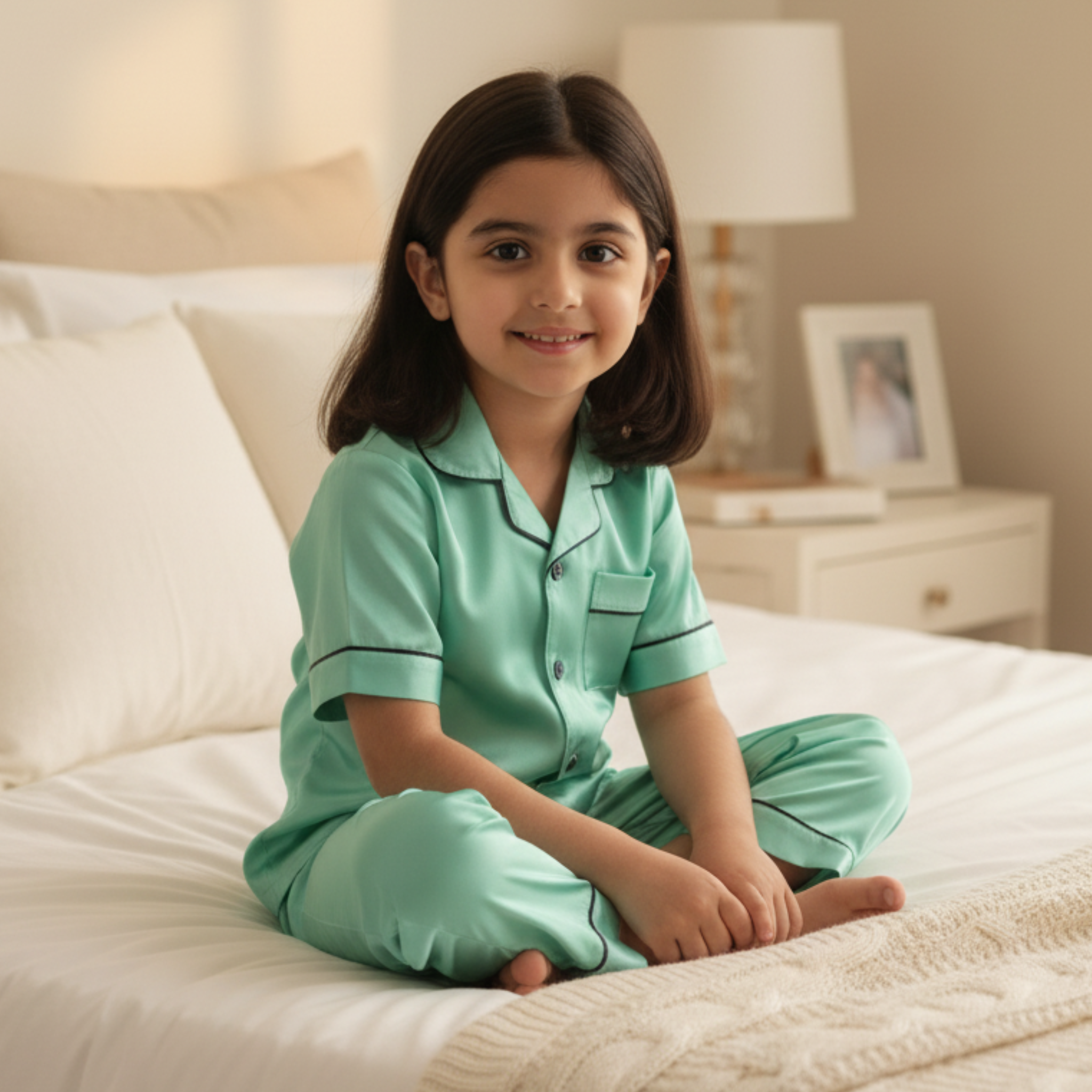 Mint Green Satin Pajama Set for Girls â Soft & Stylish Sleepwear with Buttoned Top & Elastic Waist Shorts