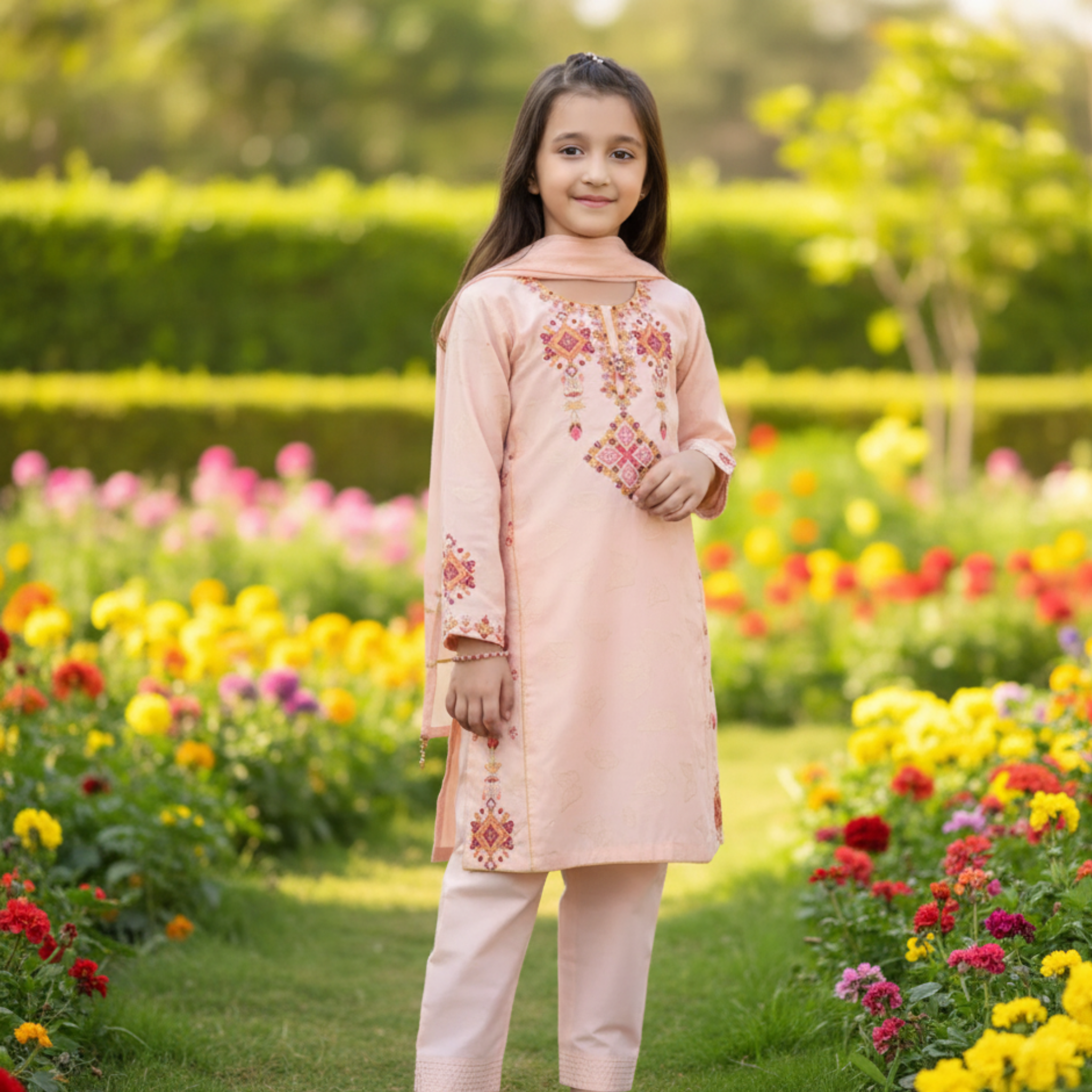 Embroidered Kids Kurta | Peach-Colored Traditional Outfit with Floral Embroidery & Comfortable Fit