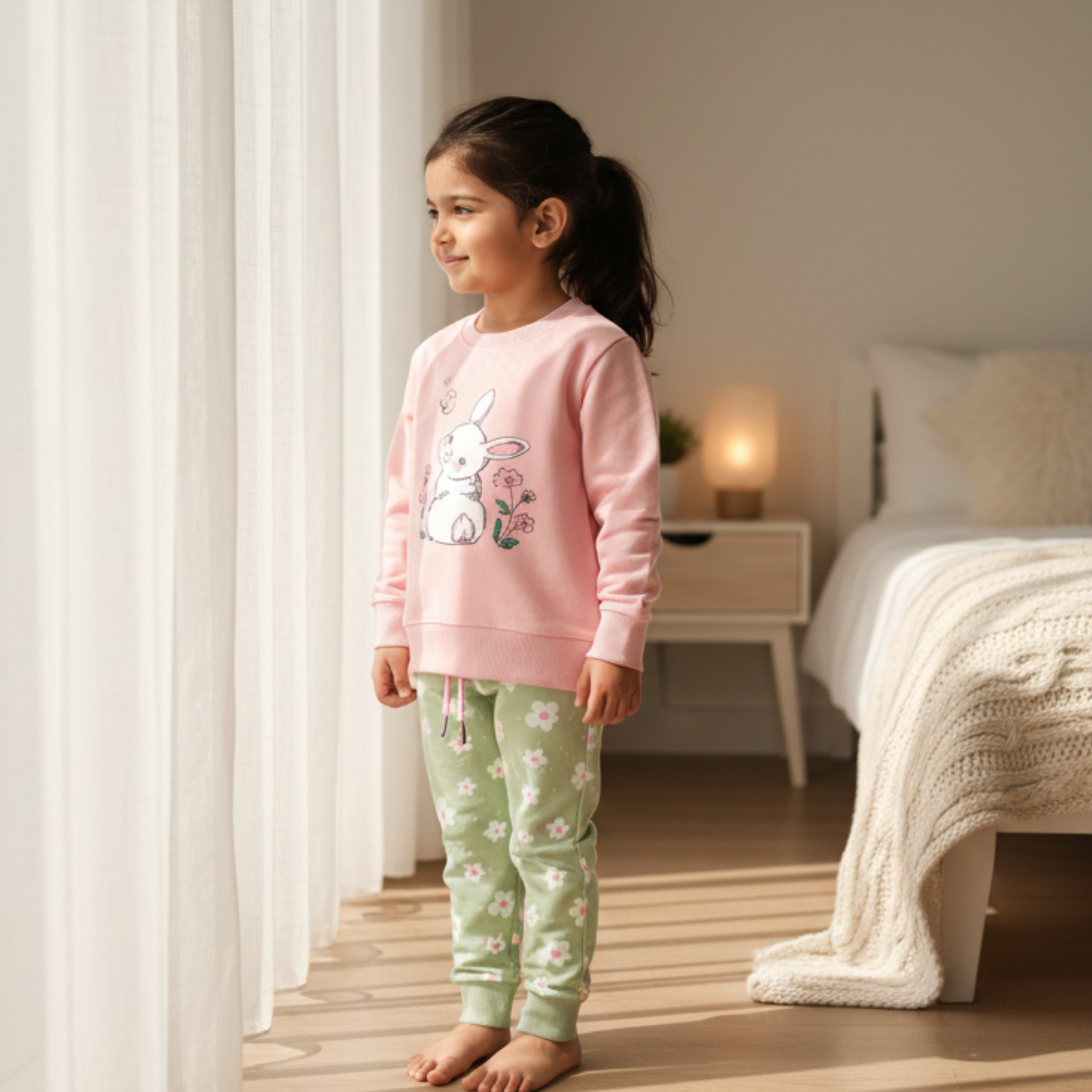 Bunny Graphic Pajama Set for Girls â Cute & Cozy Sleepwear with Floral Pants