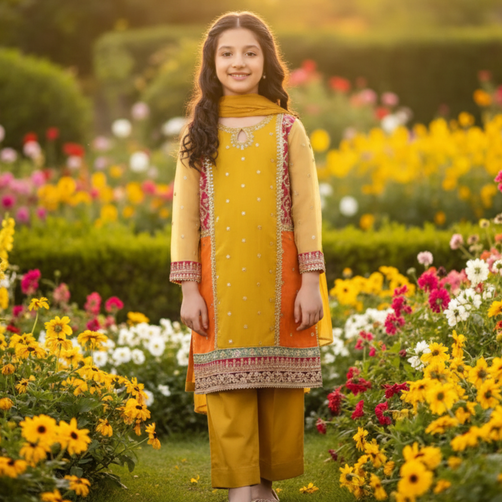 Embroidered Kids Shalwar Kameez â Elegant Yellow & Orange Traditional Outfit with Floral Detailing