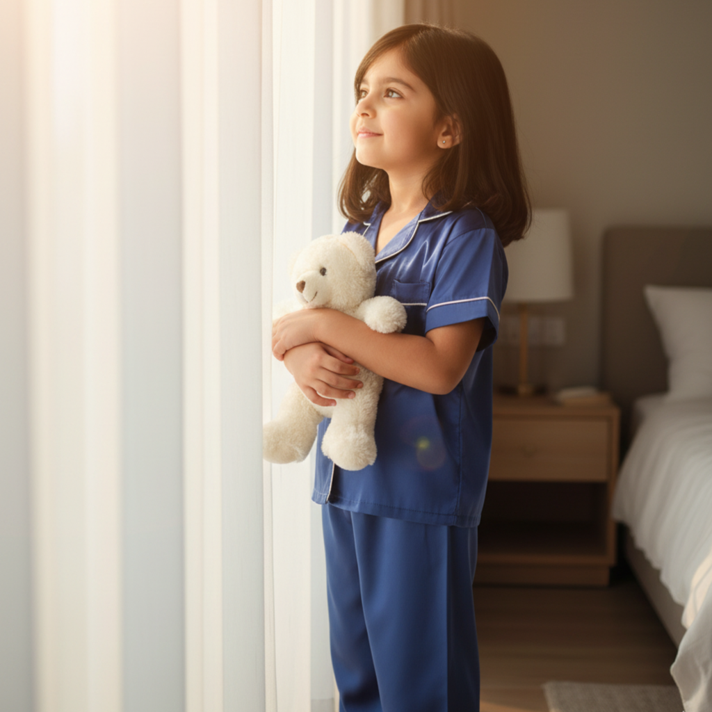 Satin Pajama Set for Girls â Elegant & Comfortable Sleepwear with Buttoned Top and Elastic Waist Pants