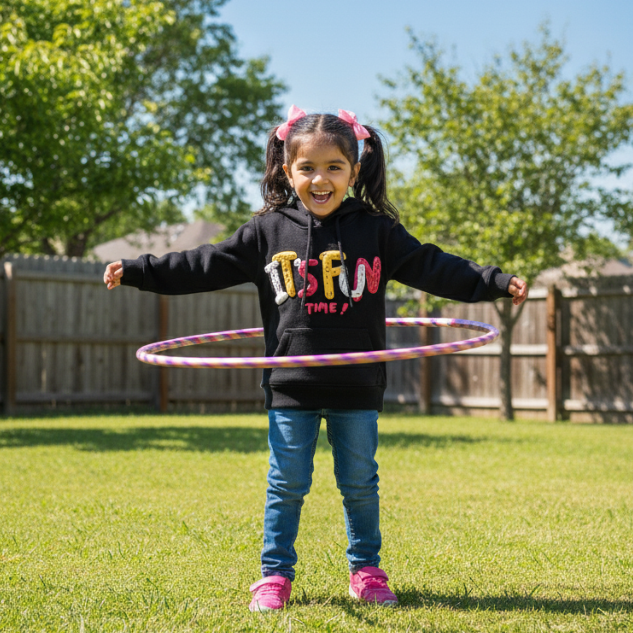 "It's Fun Time" Sweatshirt Frock for Girls â Cozy & Colorful Hoodie Dress with Bold Graphic Print