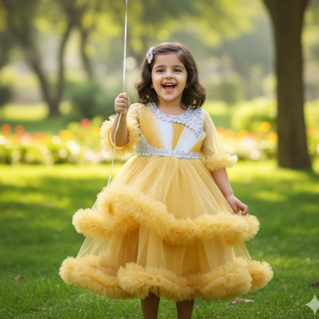 Sunny Yellow Party Frock for Girls â Elegant Birthday Dress with Tulle Ruffles & Sequin Detailing
