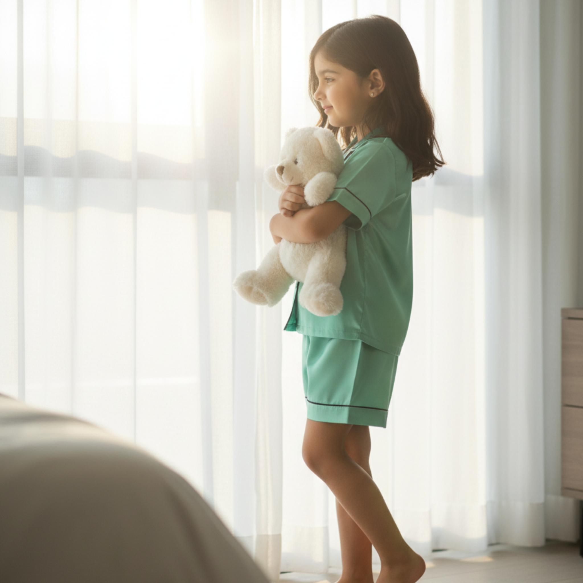 Mint Green Satin Pajama Set for Girls â Soft & Stylish Sleepwear with Buttoned Top & Elastic Waist Shorts