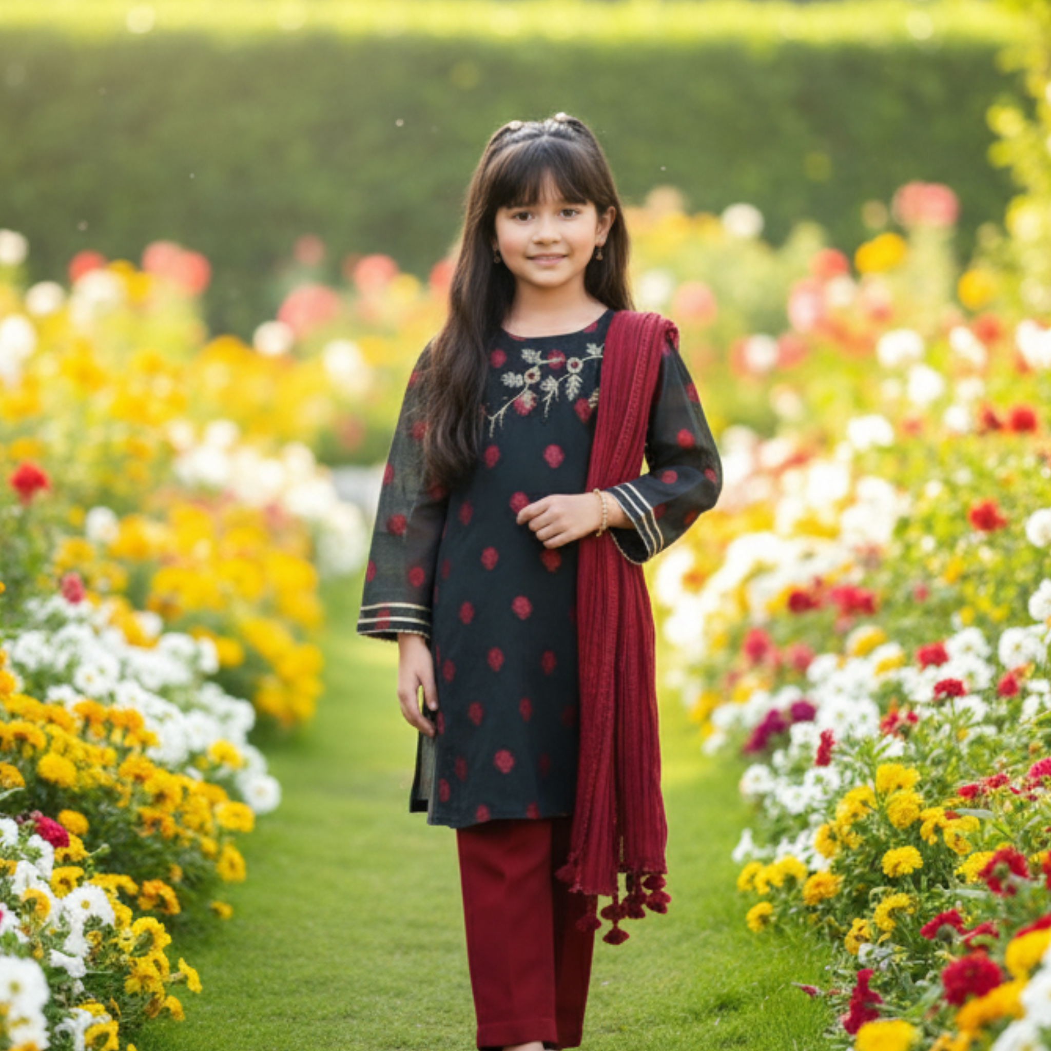 Embroidered Kids Shalwar Kameez Set â Elegant Black & Red Traditional Outfit with Floral Detailing