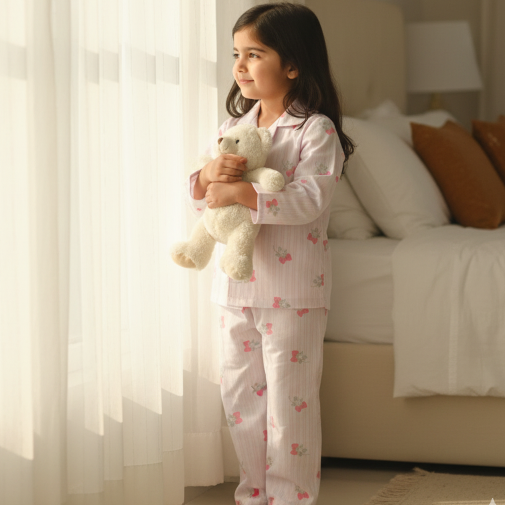 Cute Pink Floral Pajama Set for Girls â Soft & Comfortable Sleepwear with Buttoned Top and Elastic Waist Pants