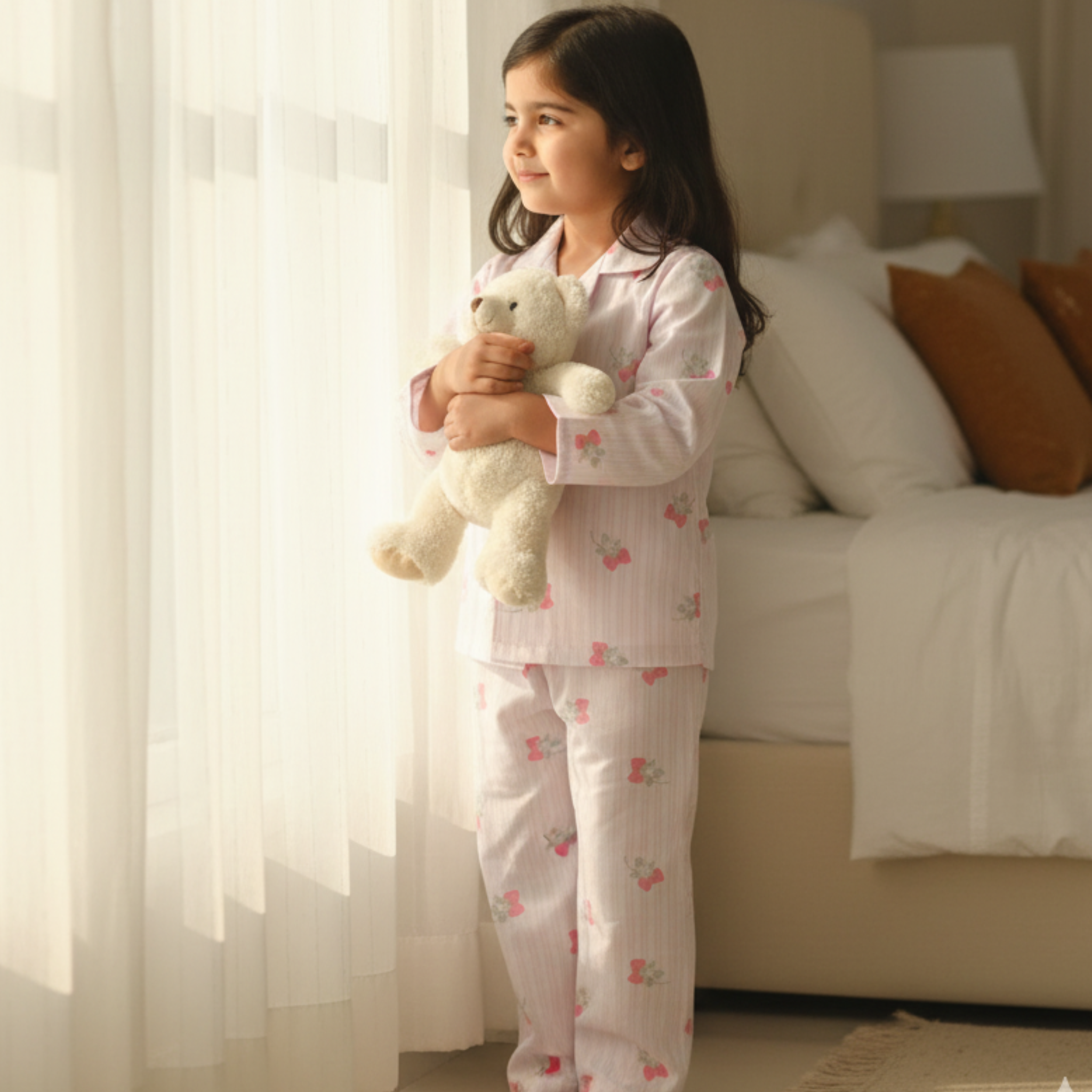 Cute Pink Floral Pajama Set for Girls â Soft & Comfortable Sleepwear with Buttoned Top and Elastic Waist Pants