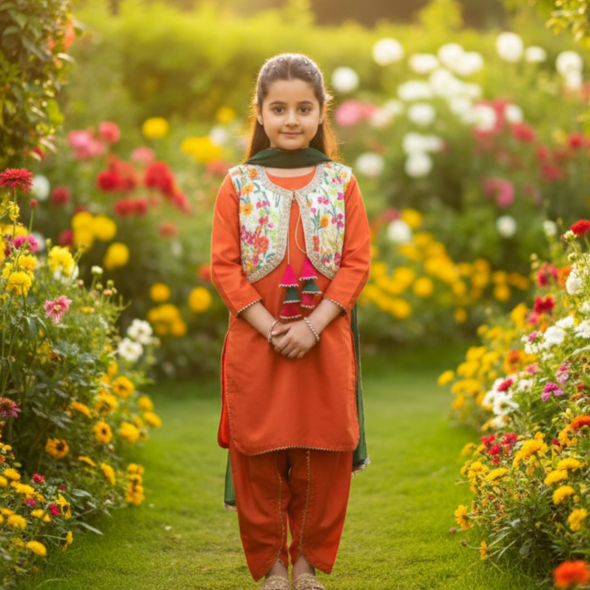 Embroidered Kids Shalwar Kameez Set â Elegant Orange Outfit with Floral Vest and Matching Scarf