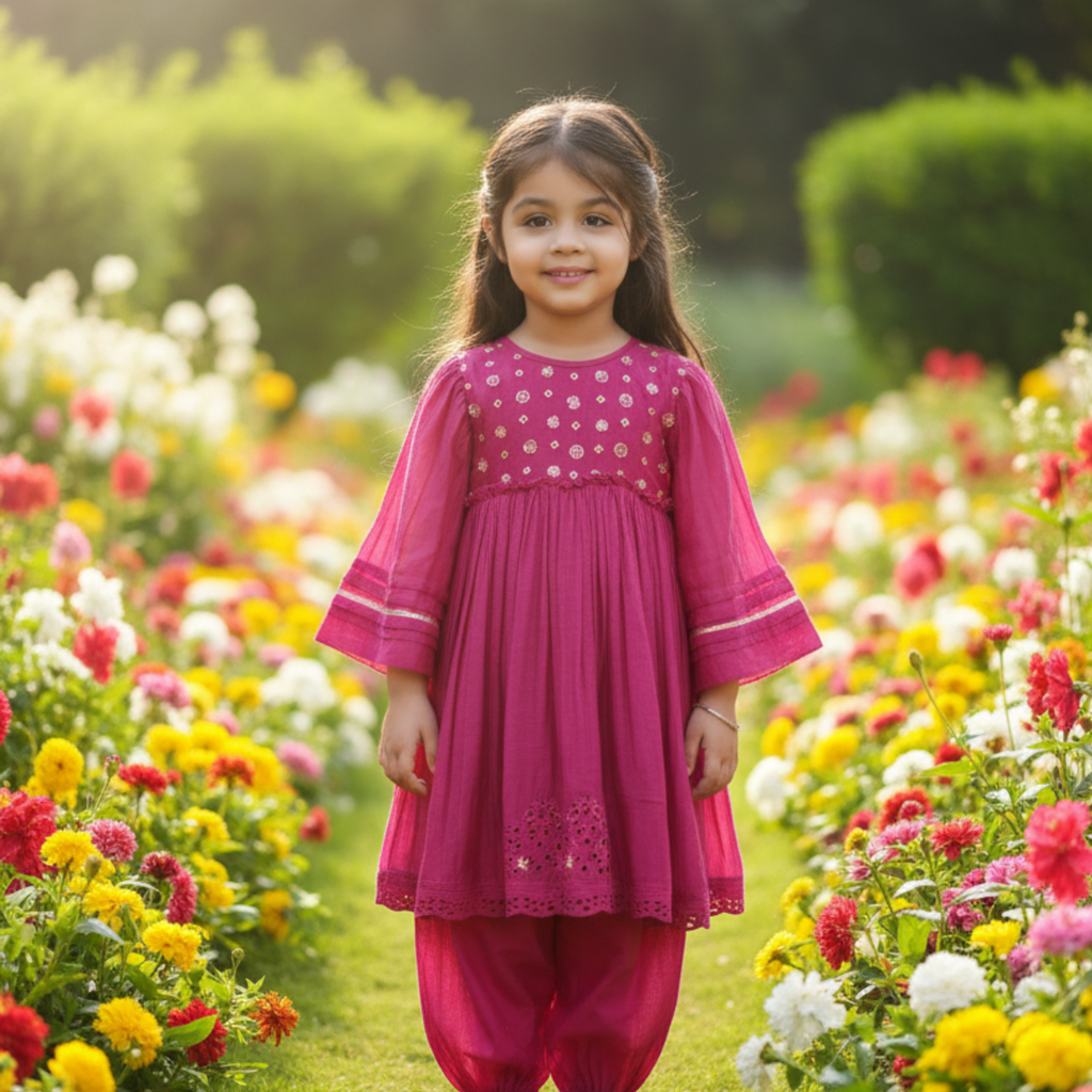 Embroidered Kids Kurta with Gathered Pants - Elegant Traditional Outfit for Girls