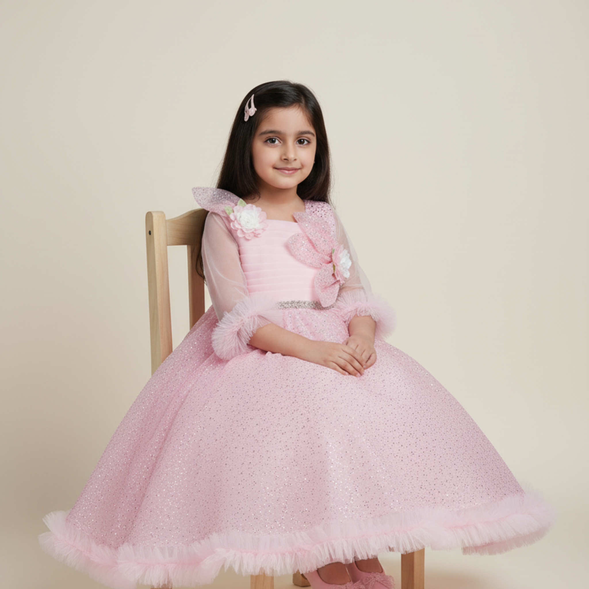 Pink Princess Frock for Girls â Sparkling Party Dress with Floral Embellishments & Feather Trim