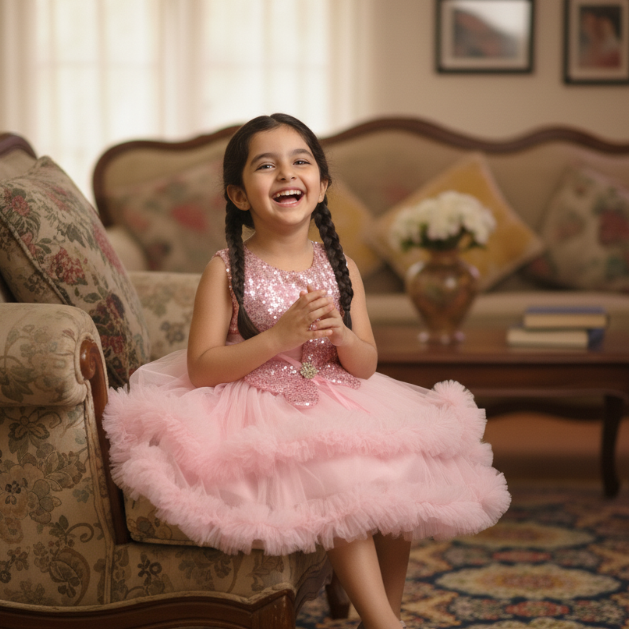 Pink Princess Party Frock for Girls â Sparkling Tulle Dress with Flower AppliquÃ© & Feather Trim