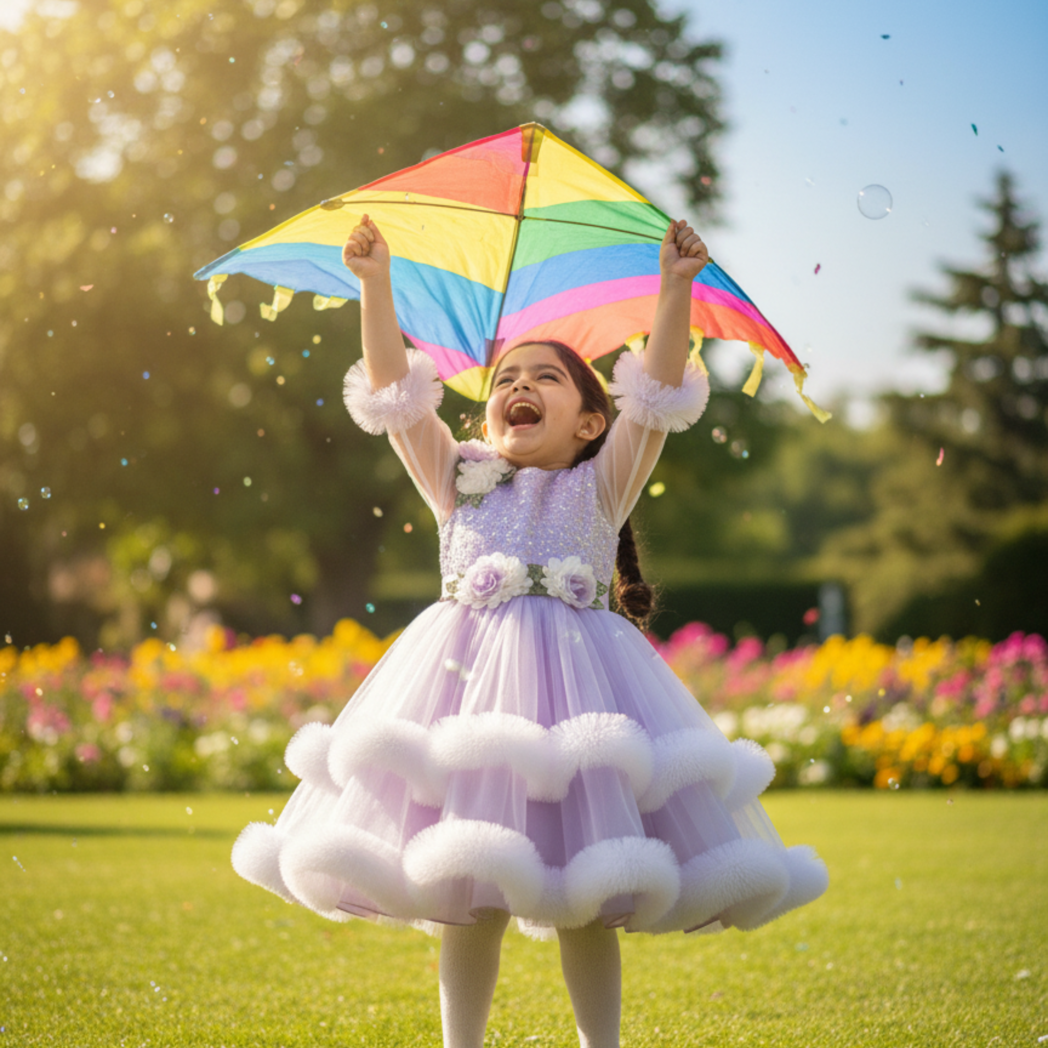 Lavender Princess Frock for Girls â Sparkling Birthday Dress with Floral AppliquÃ© & Feather Trim