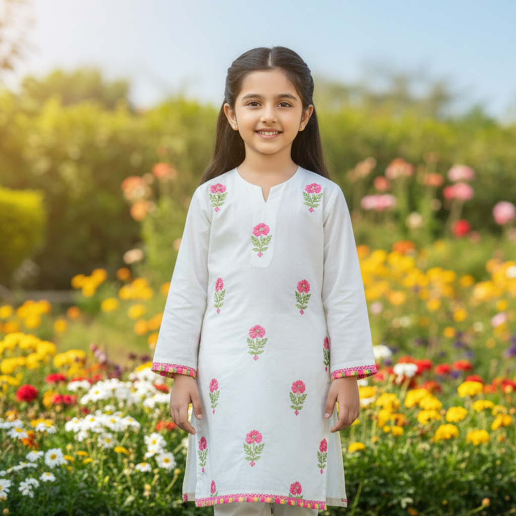 Embroidered Kids Kurta with Churidar - Elegant White Traditional Outfit for Girls