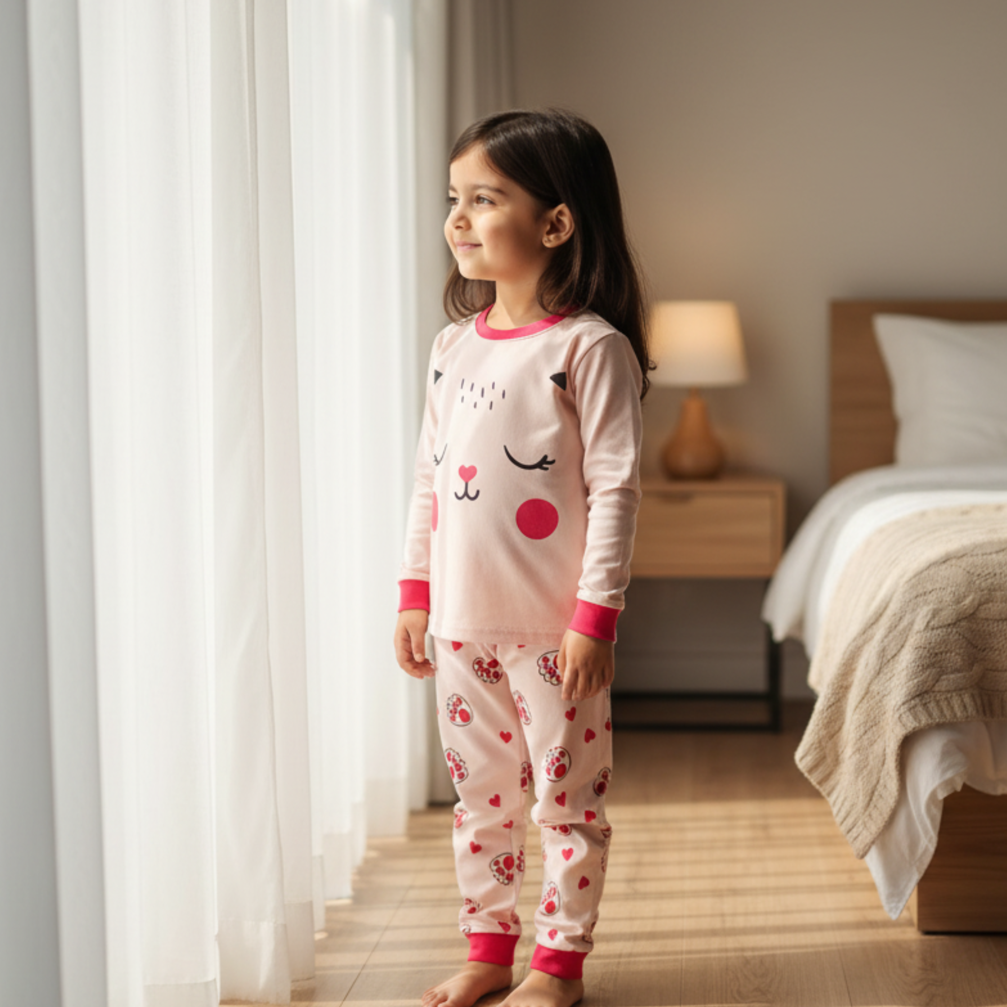 Cat Face Graphic Pajama Set for Girls â Cozy & Cute Sleepwear with Paw Print Design