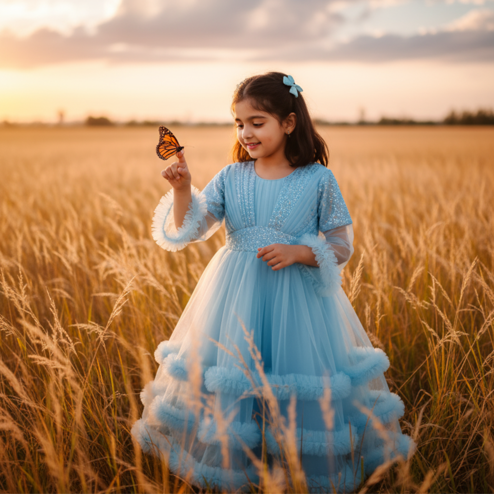 Blue Princess Frock for Girls â Elegant Party Dress with Lace & Pearl Embellishments