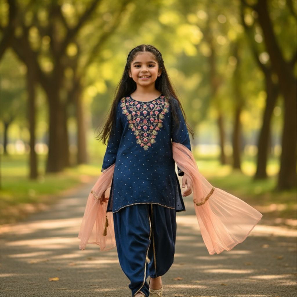 Embroidered Kids Kurta with Churidar and Scarf â Elegant Navy Blue Traditional Outfit for Girls  Key Features / Highlights