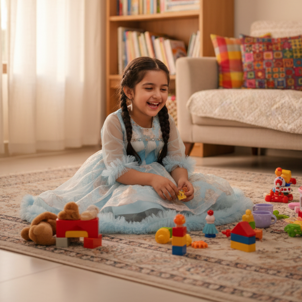 Boutique Blue Party Frock for Girls â Elegant Floral Dress with Tulle Layers & Feather Trim