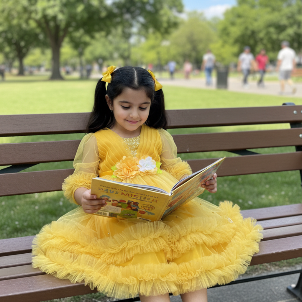 Yellow Sunshine Boutique Frock for Girls â Twirling Party Dress with Flower Embellishments & Ruffled Tulle