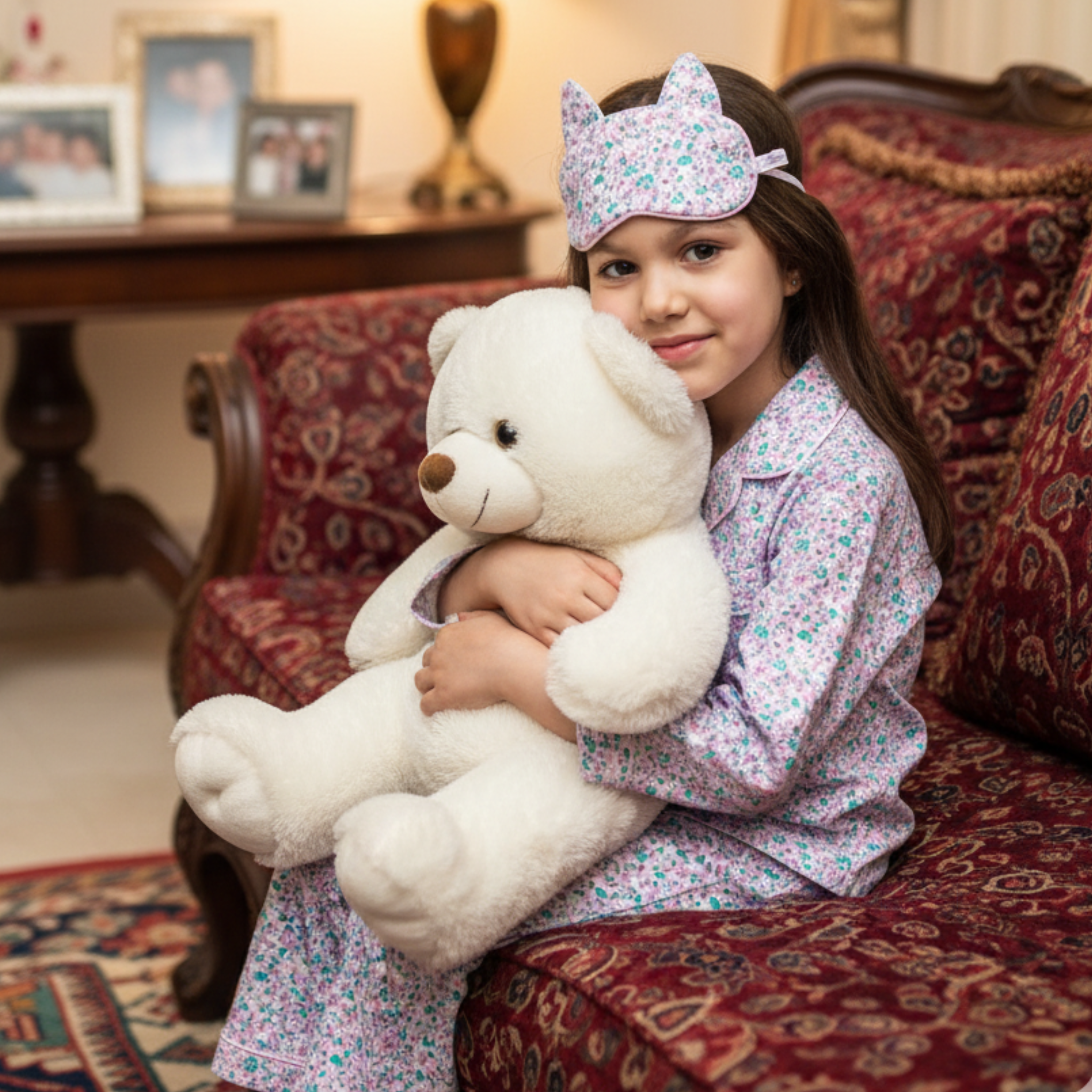 Floral Pajama Set with Cat Eye Mask for Girls â Soft & Cozy Sleepwear with Buttoned Top & Elastic Waist Pants