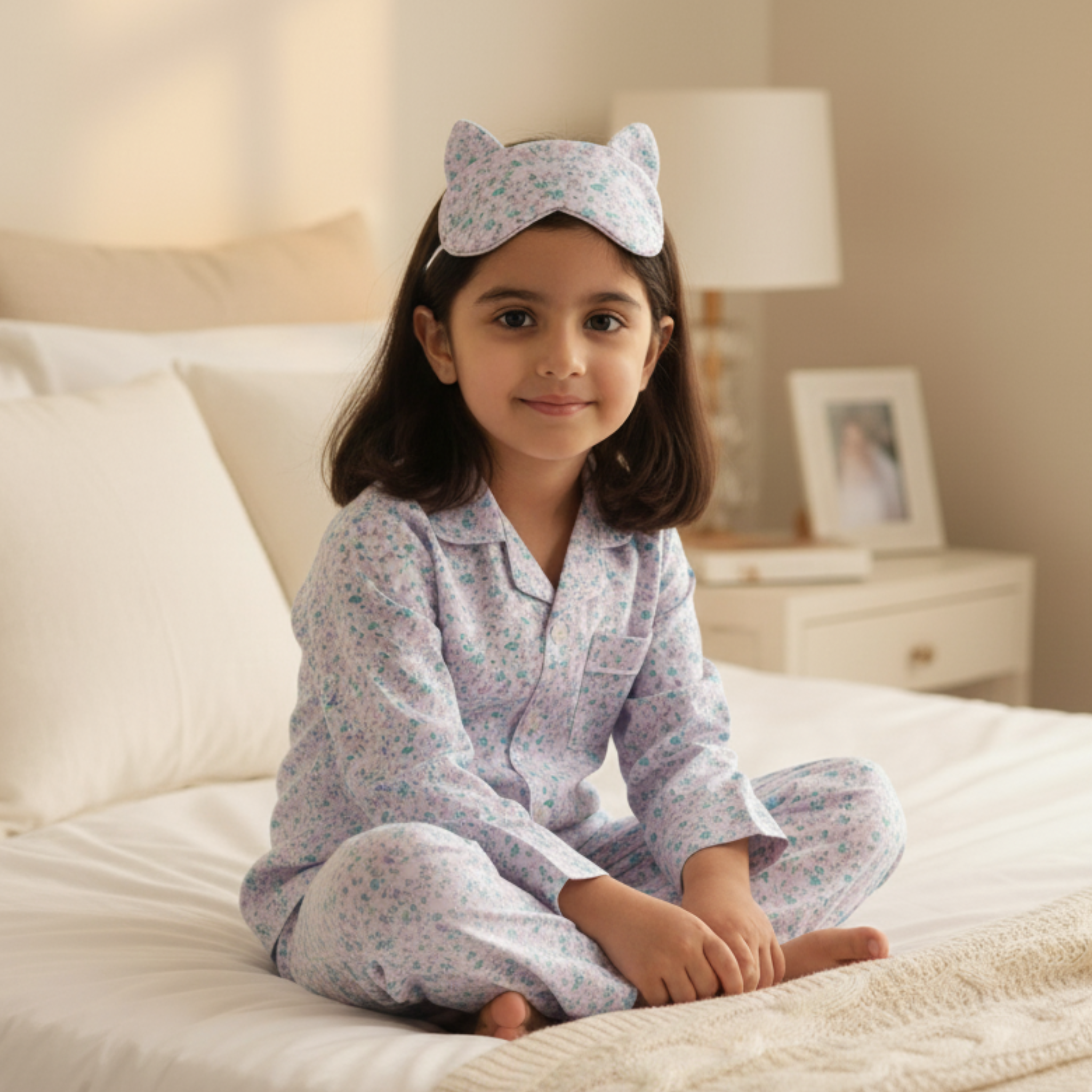Floral Pajama Set with Cat Eye Mask for Girls â Soft & Cozy Sleepwear with Buttoned Top & Elastic Waist Pants