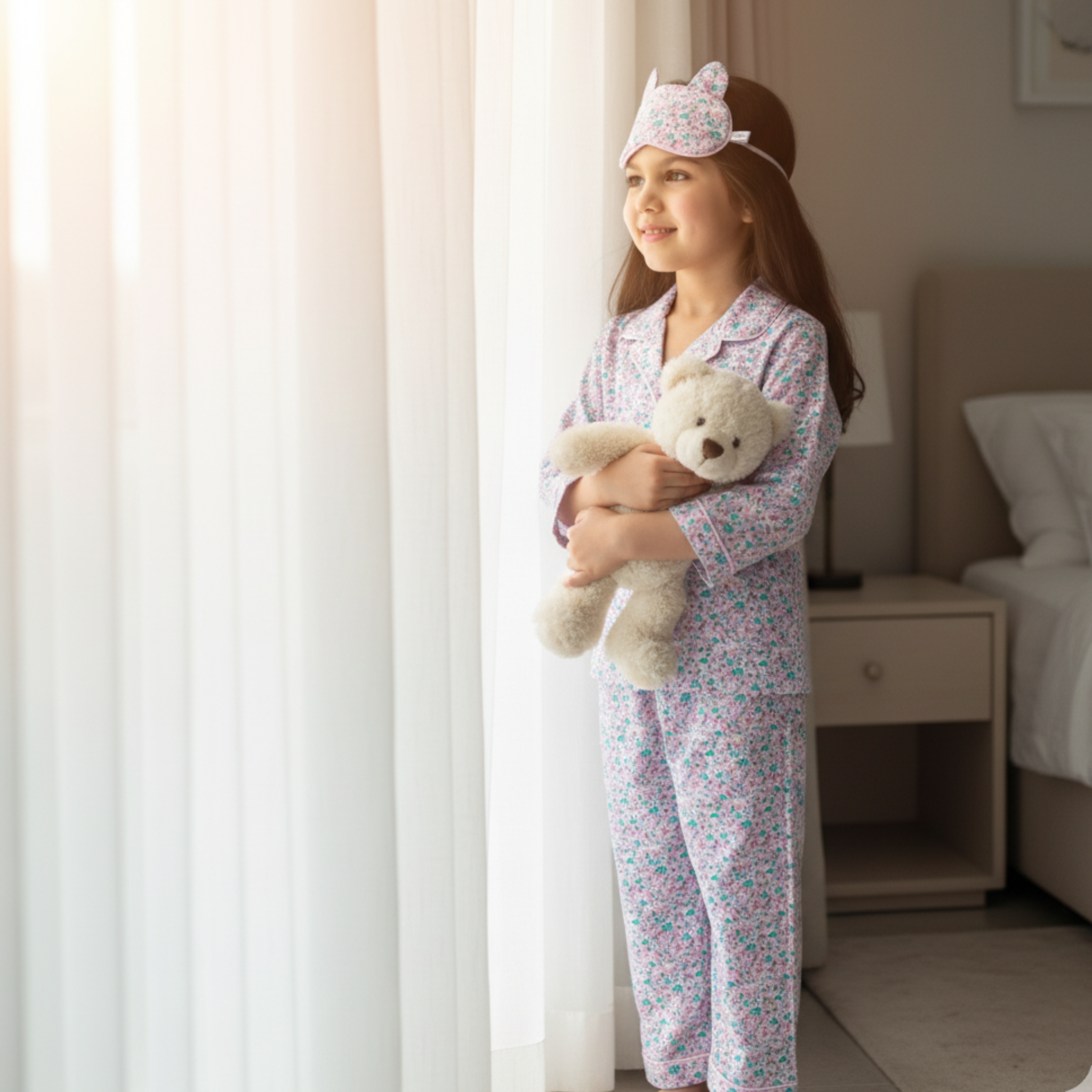 Floral Pajama Set with Cat Eye Mask for Girls â Soft & Cozy Sleepwear with Buttoned Top & Elastic Waist Pants