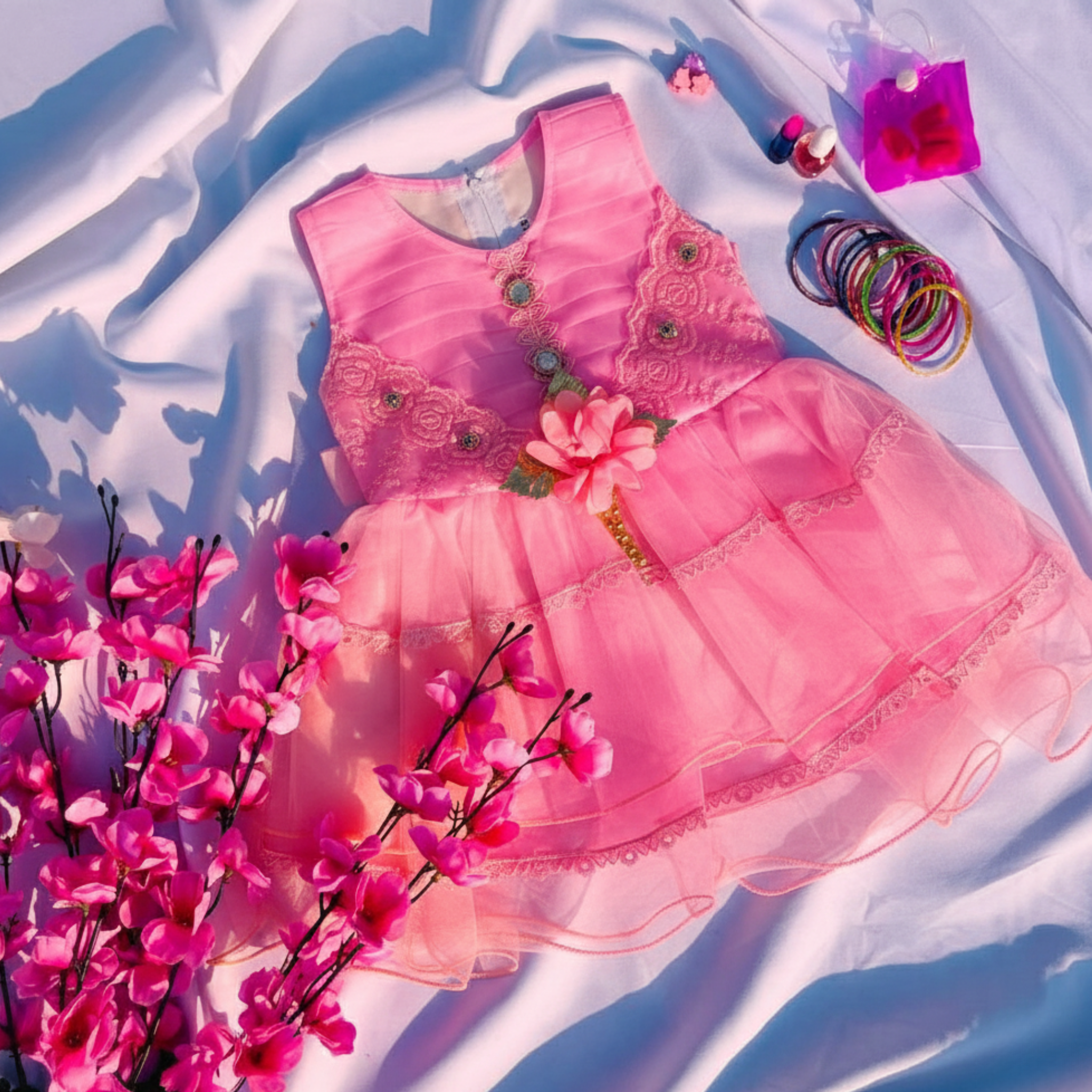 Floral Embroidered Dress with Matching Accessories for Toddler Girls