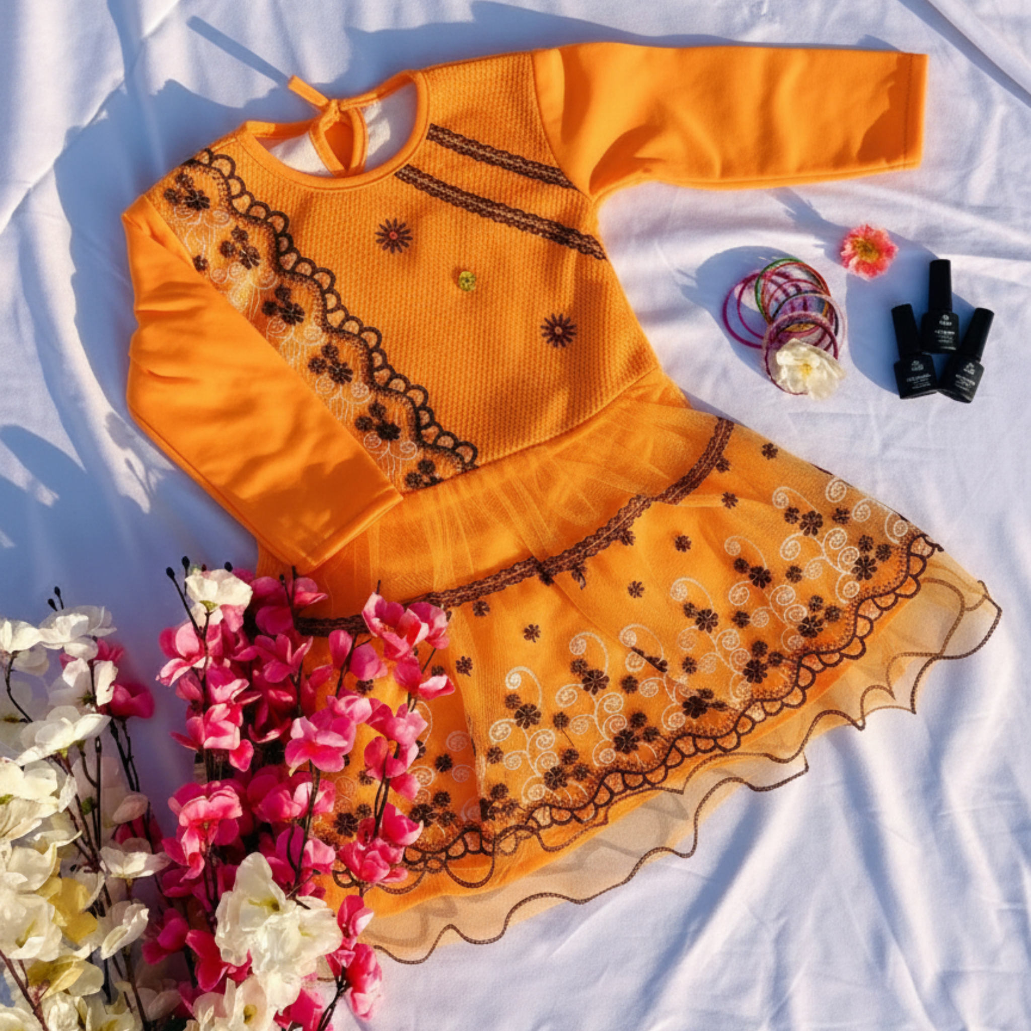 Floral Embroidered Frock with Matching Leggings for Girls