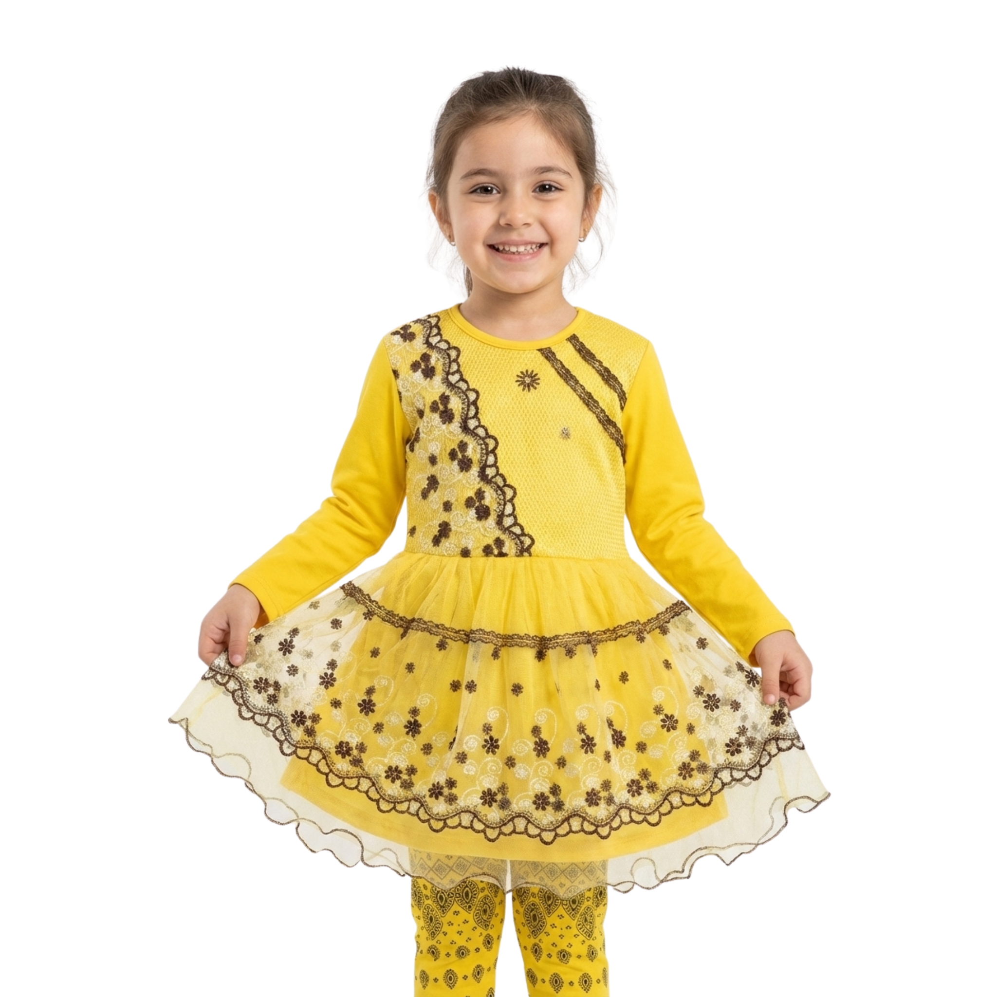 Floral Embroidered Frock with Matching Leggings for Girls