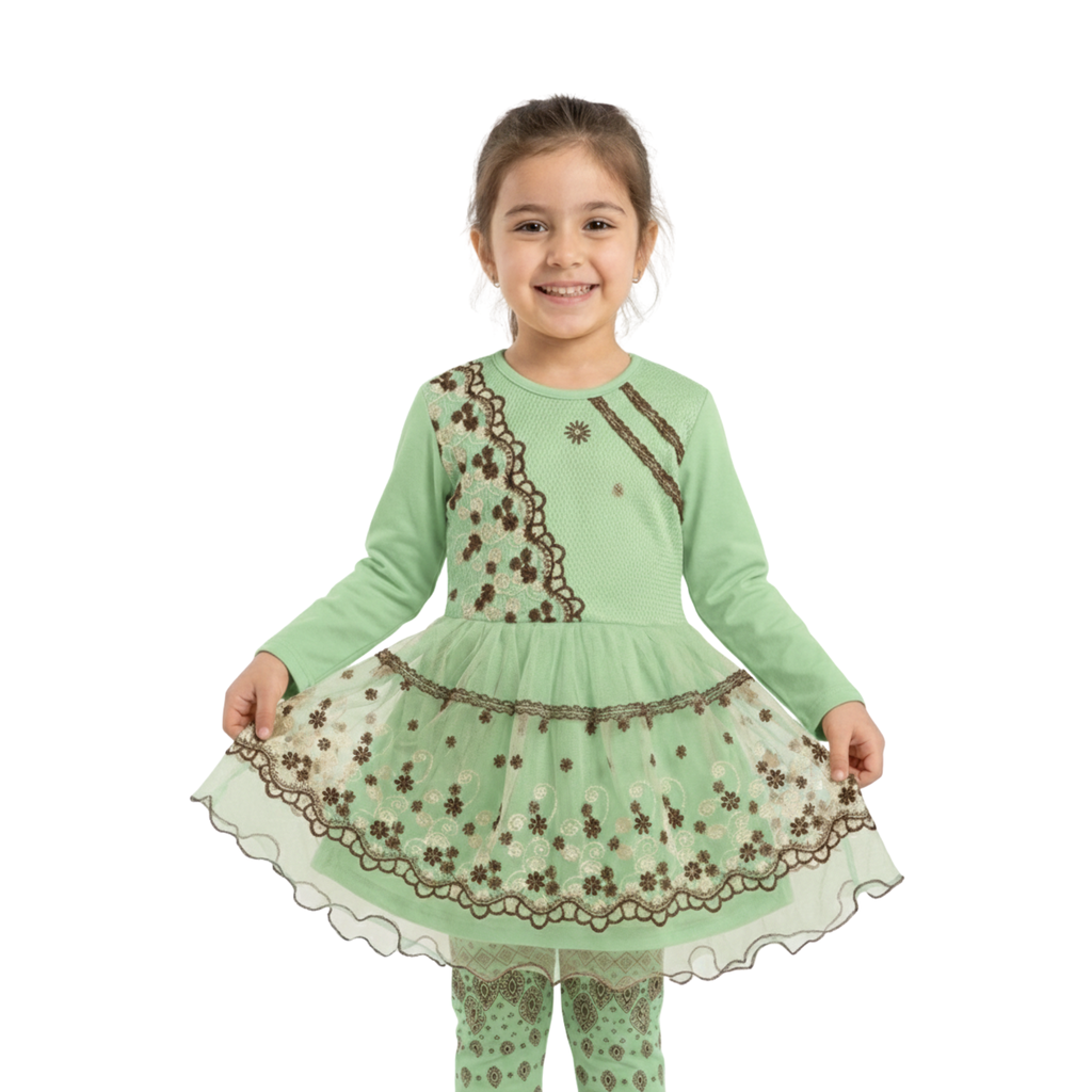 Floral Embroidered Frock with Matching Leggings for Girls