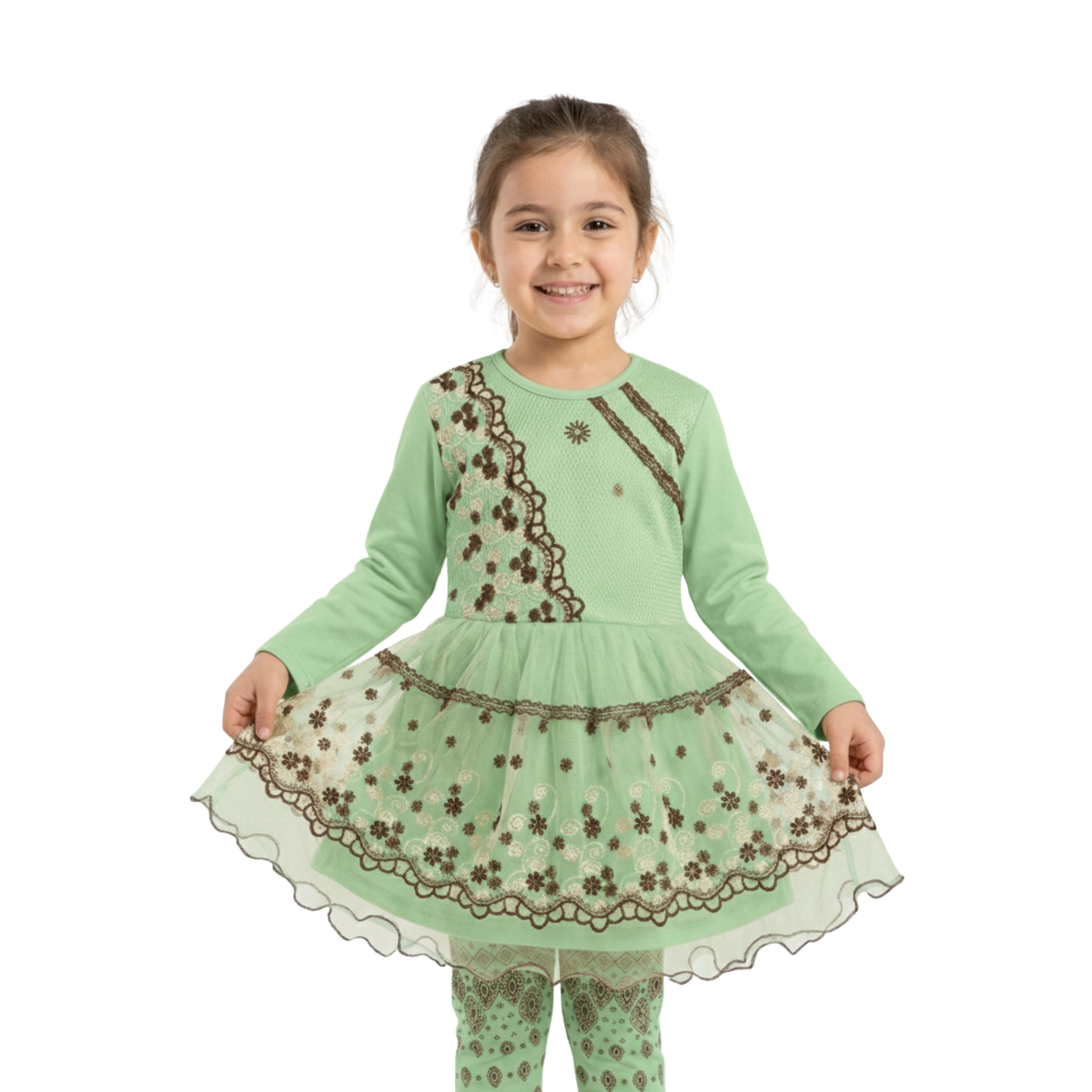 Floral Embroidered Frock with Matching Leggings for Girls
