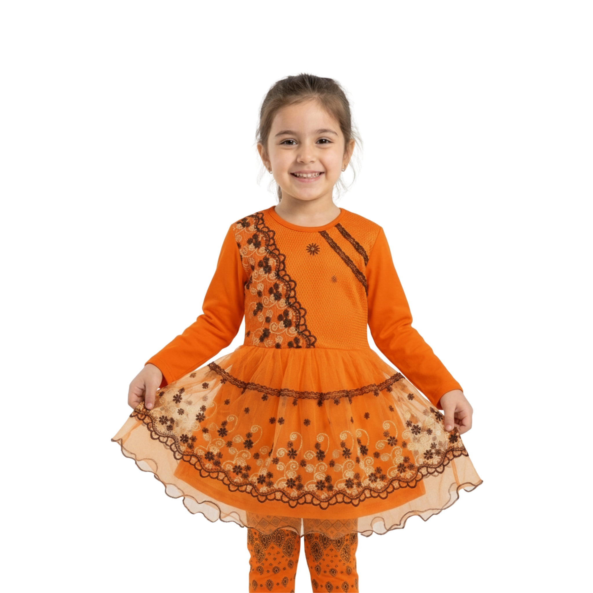 Floral Embroidered Frock with Matching Leggings for Girls