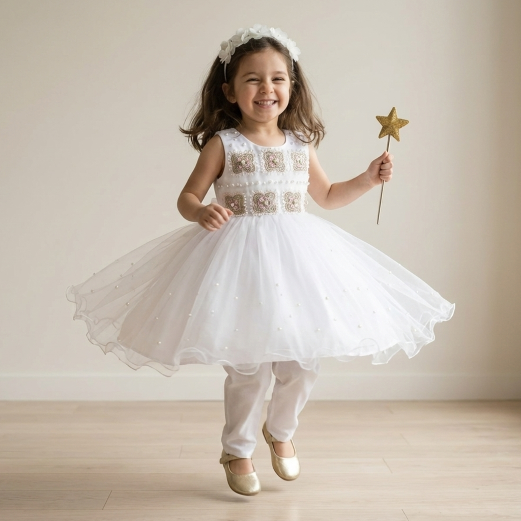 White Floral Fancy Frock with Matching Leggings for Toddler Girls